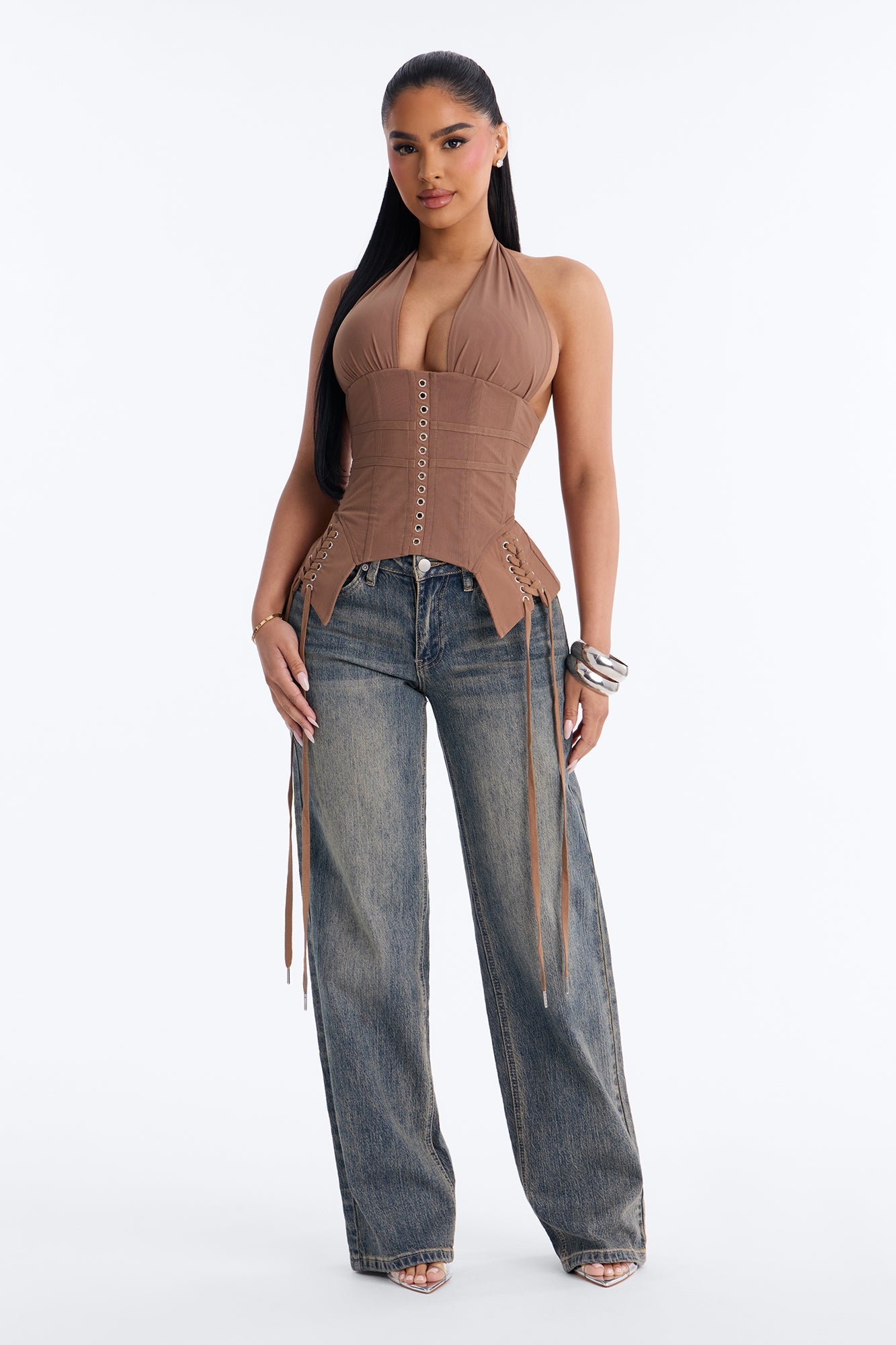 Ate Down Mesh Lace Up Corset Halter Top - Mocha