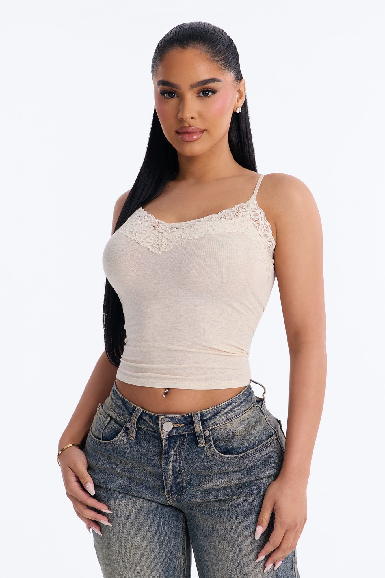 Ayla Lace Trim Basic Cami Top - Oatmeal