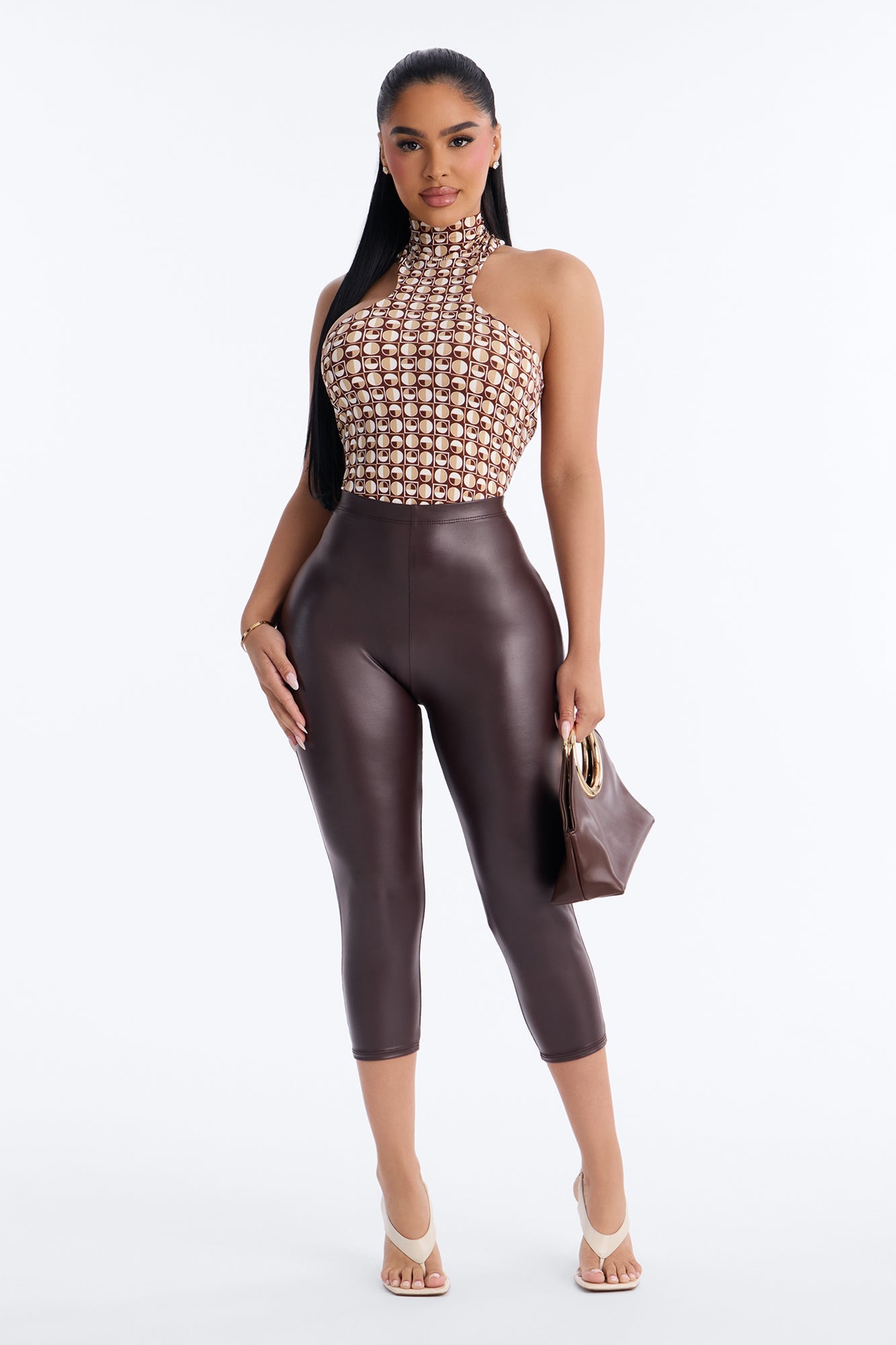 Retro Baddie Mock Neck Sleeveless Bodysuit - Brown/combo