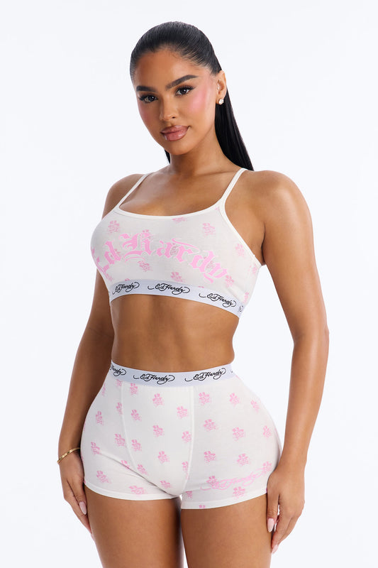Ed Hardy Endless Skulls Bralette PJ Short Set - White/Pink