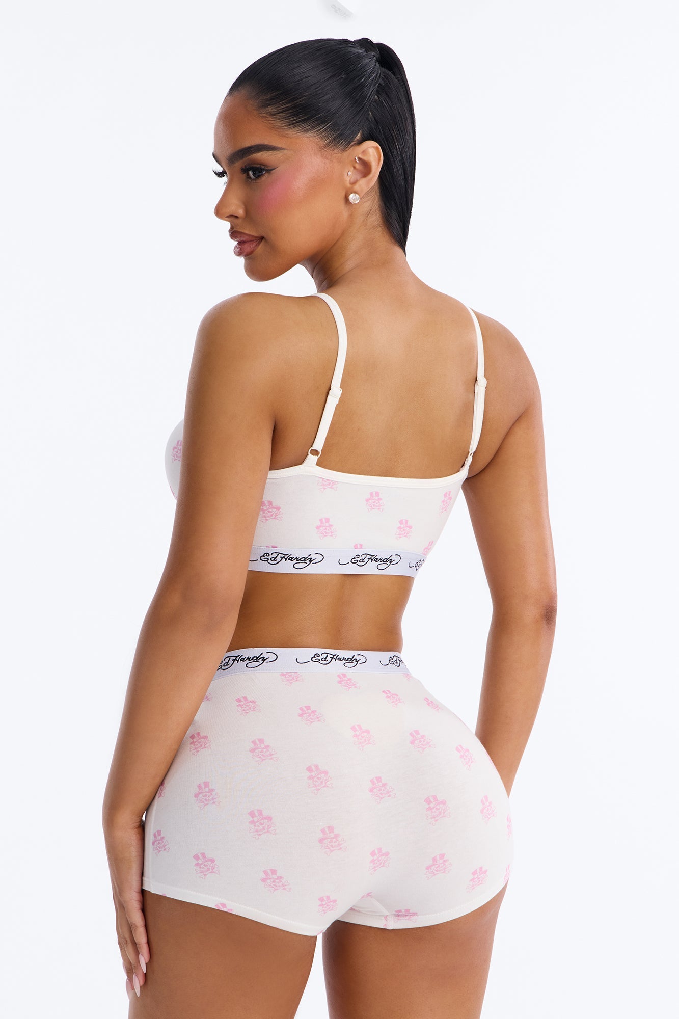 Ed Hardy Endless Skulls Bralette PJ Short Set - White/Pink