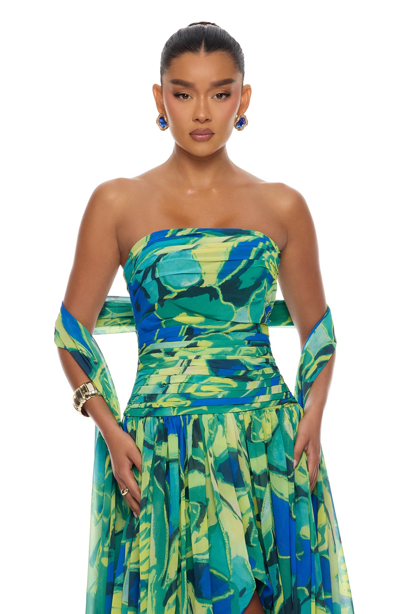 Billie Draped Scarf Chiffon Maxi Dress - Green/combo