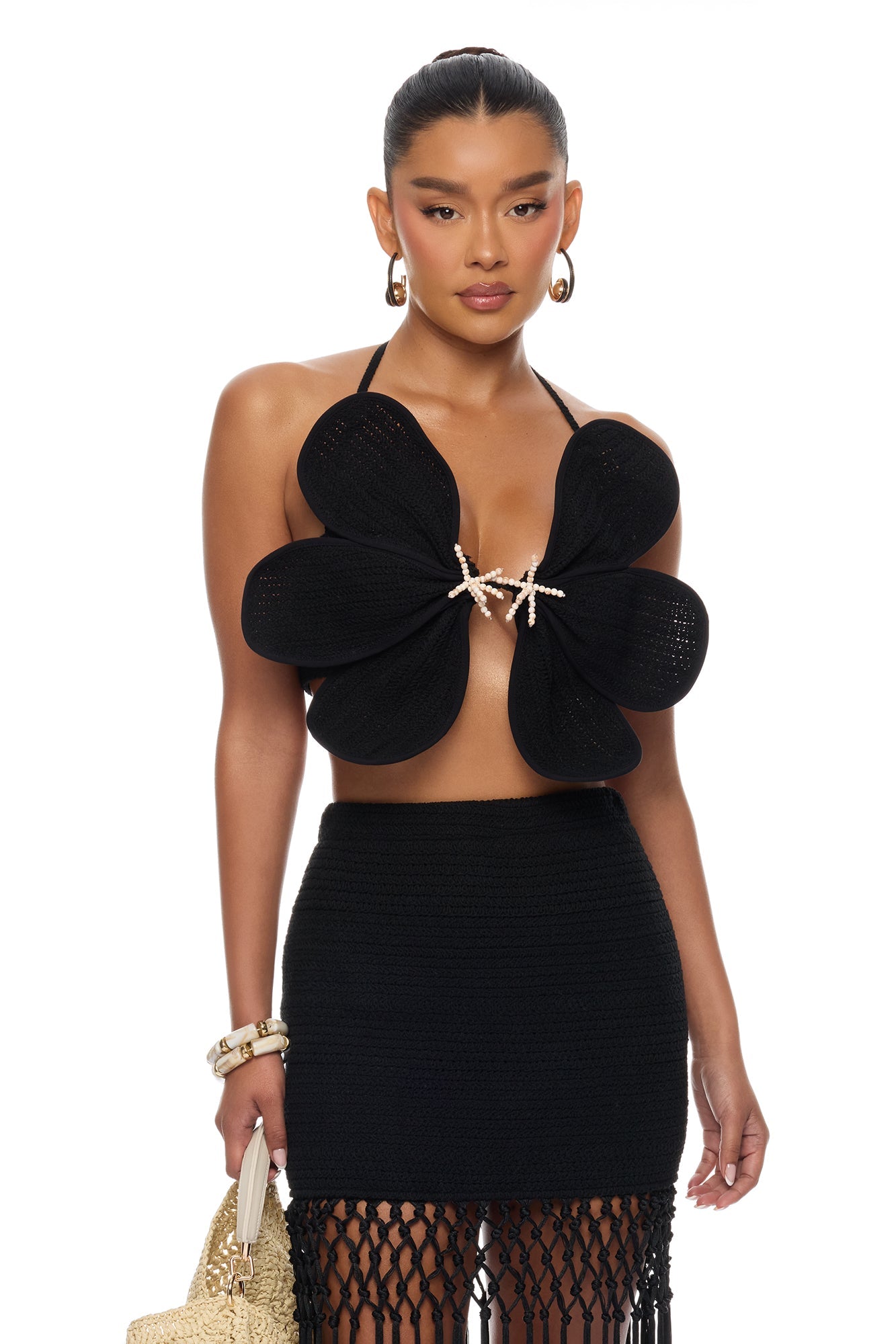 Ocean Breeze Fringe Crochet Skirt Set - Black