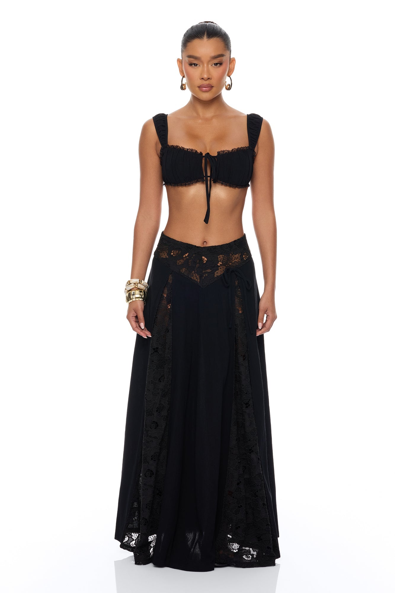 Femme Muse Lace Linen Skirt Set - Black
