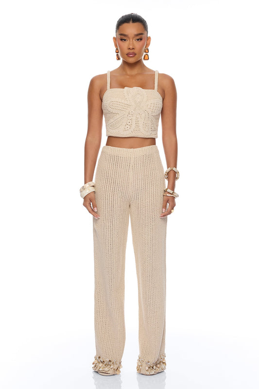 Coastal Vibe Shell Crochet Pant Set - Sand