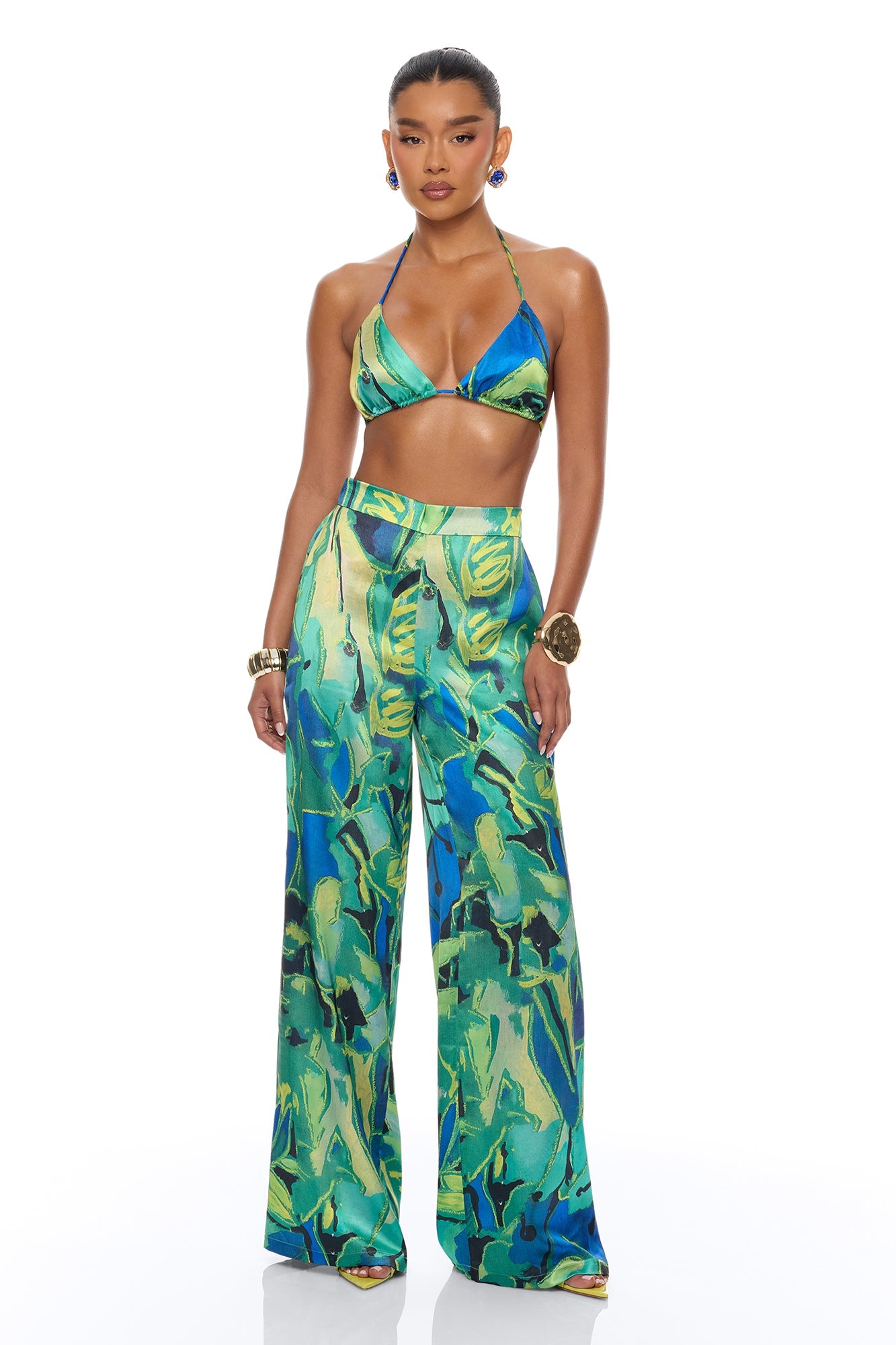 Pure Luxury 3 Piece Satin Kimono Set - Green/combo