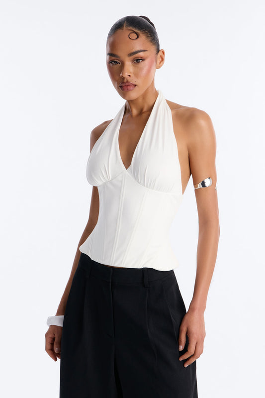 Effortless Grace Peplum Corset Halter Top - White