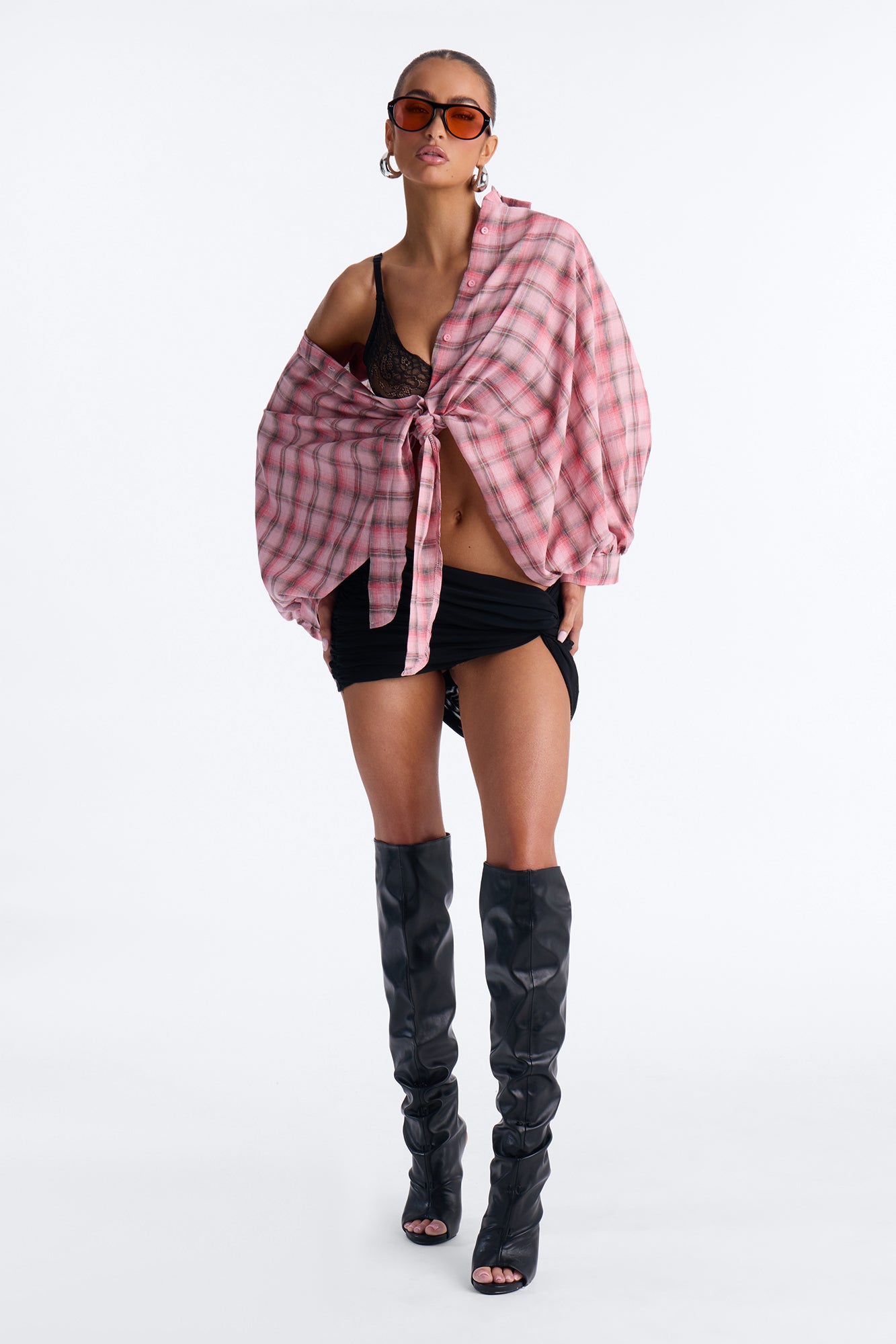 Kimora Tie Front Plaid Linen Shirt - Pink/combo