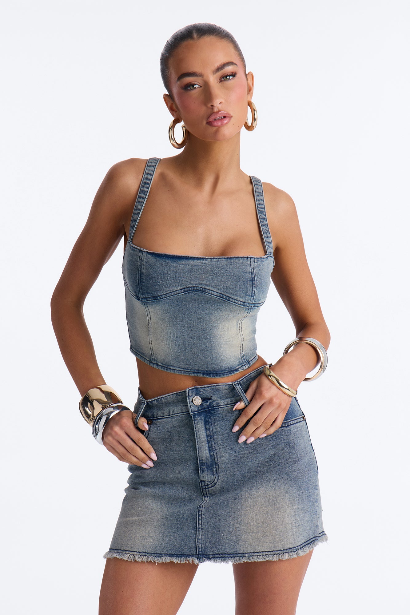 Jazmyn Washed Denim Skirt Set - Vintage Wash