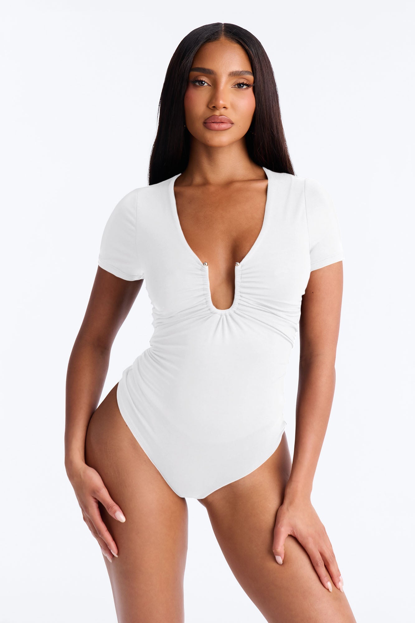 Danielle Deep V Neck Short Sleeve Bodysuit - White