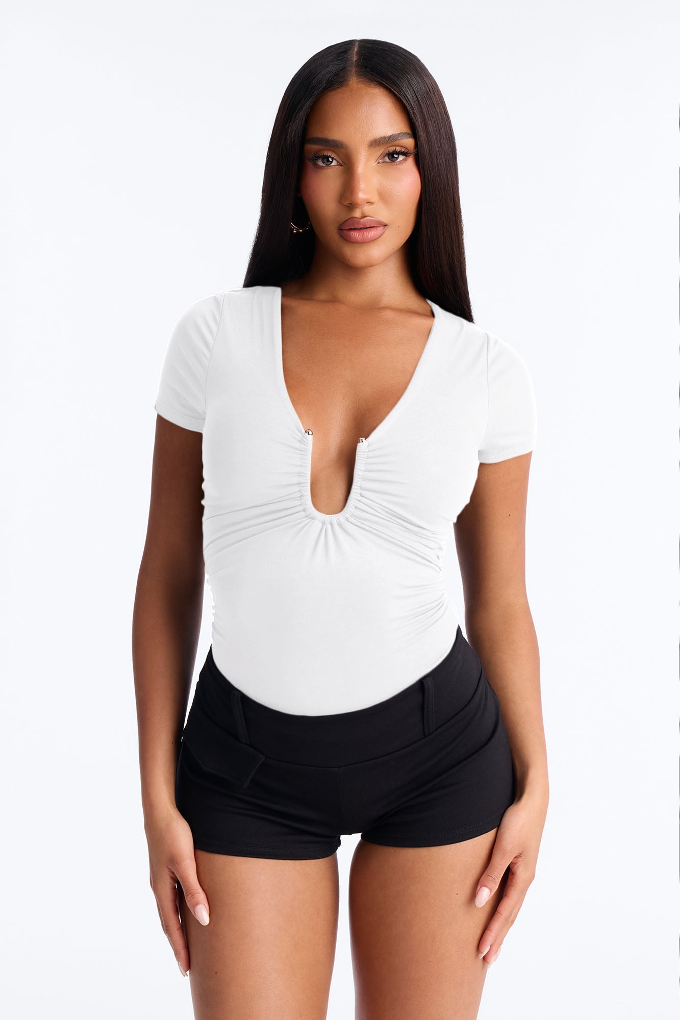 Danielle Deep V Neck Short Sleeve Bodysuit - White