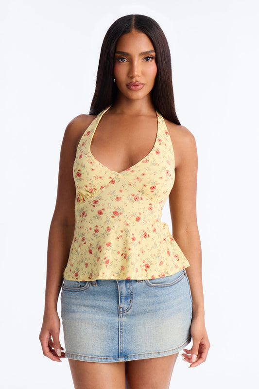Rosie Double Lined Floral Halter Neck Top - Butter Yellow