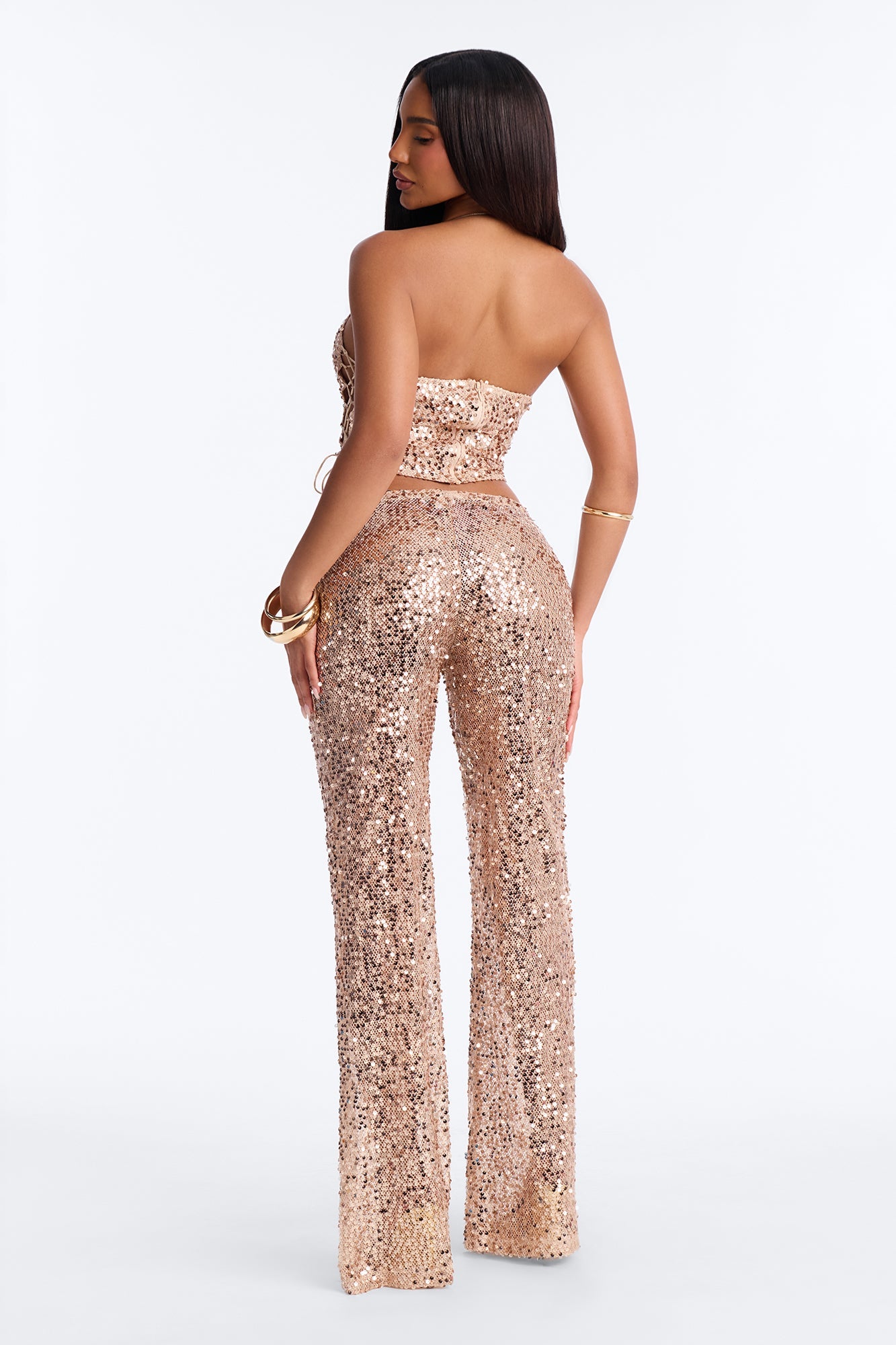 Paige Sequin Crochet Halter Pant Set - Gold
