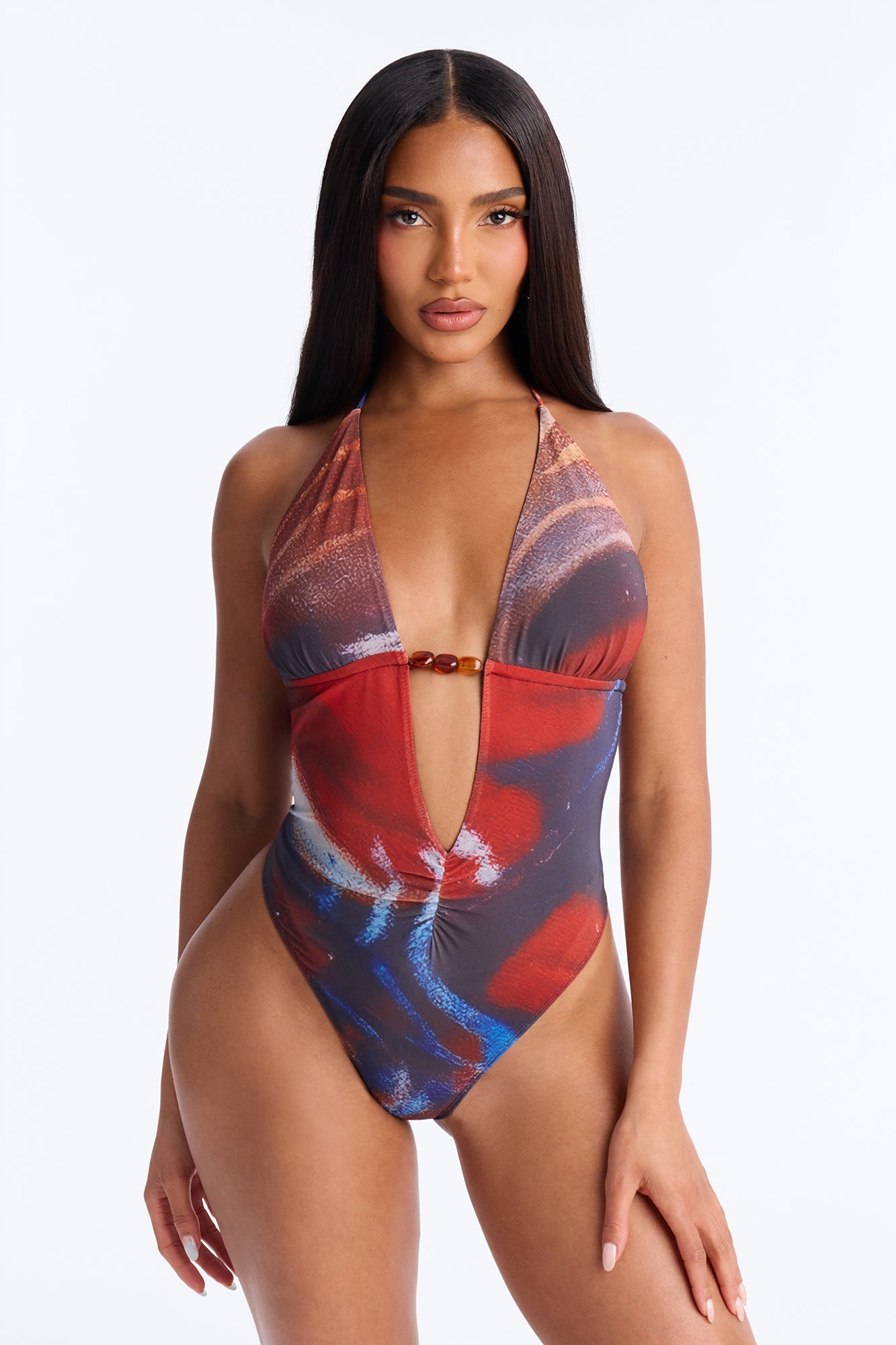 Olandria Mesh Beaded Halter Bodysuit - Navy/combo