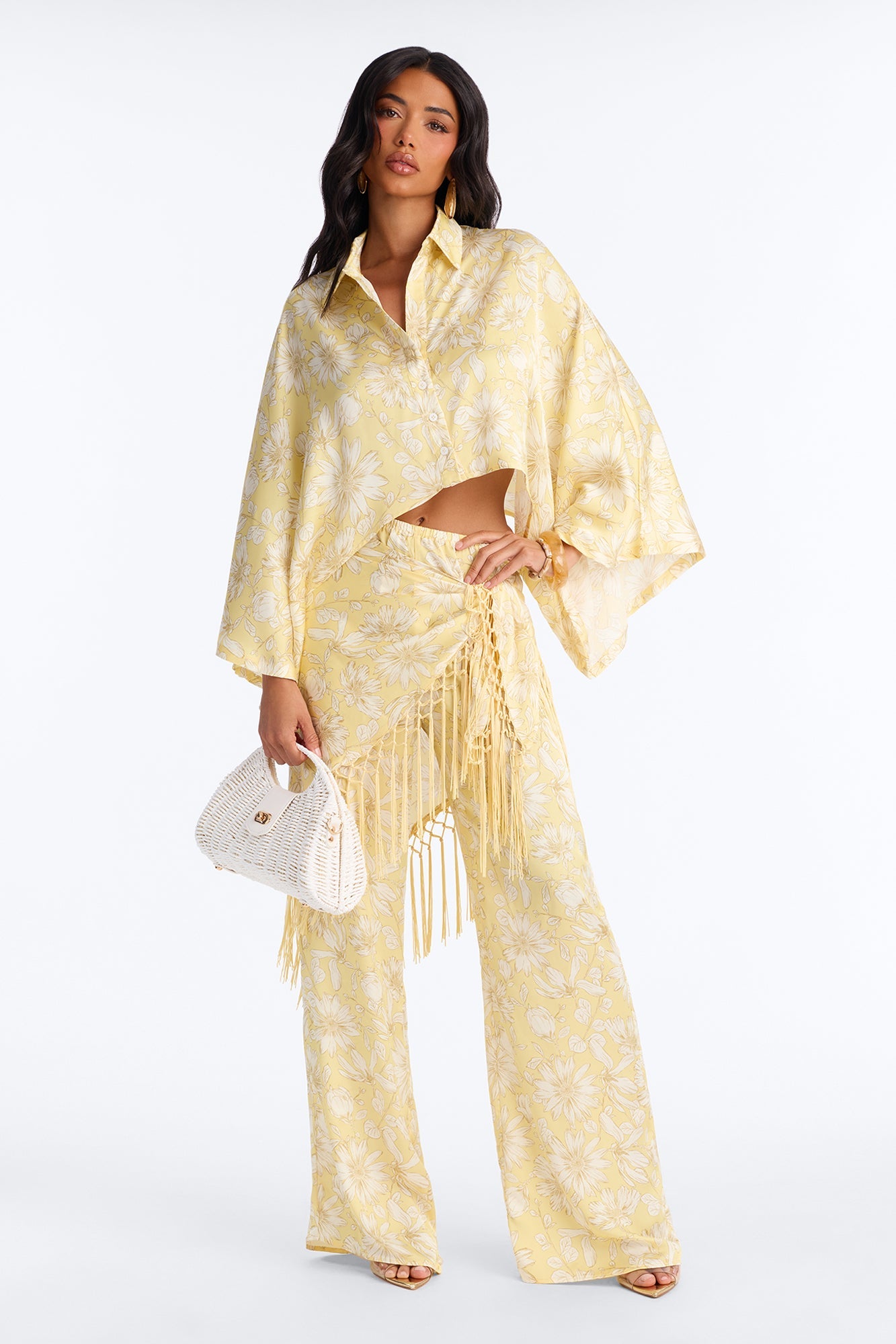 So Soft Floral Satin 3 Piece Pant Set - Yellow