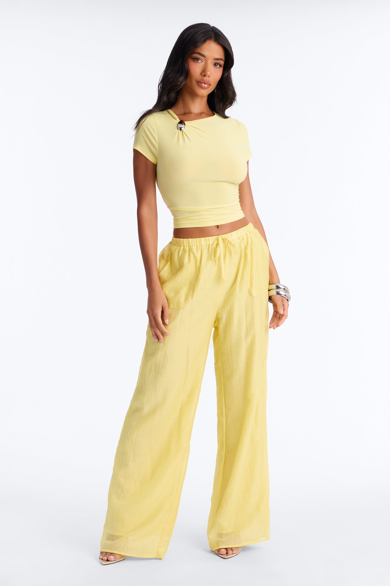 Lexi Hardware Asymmetrical Neck Short Sleeve Top - Butter Yellow