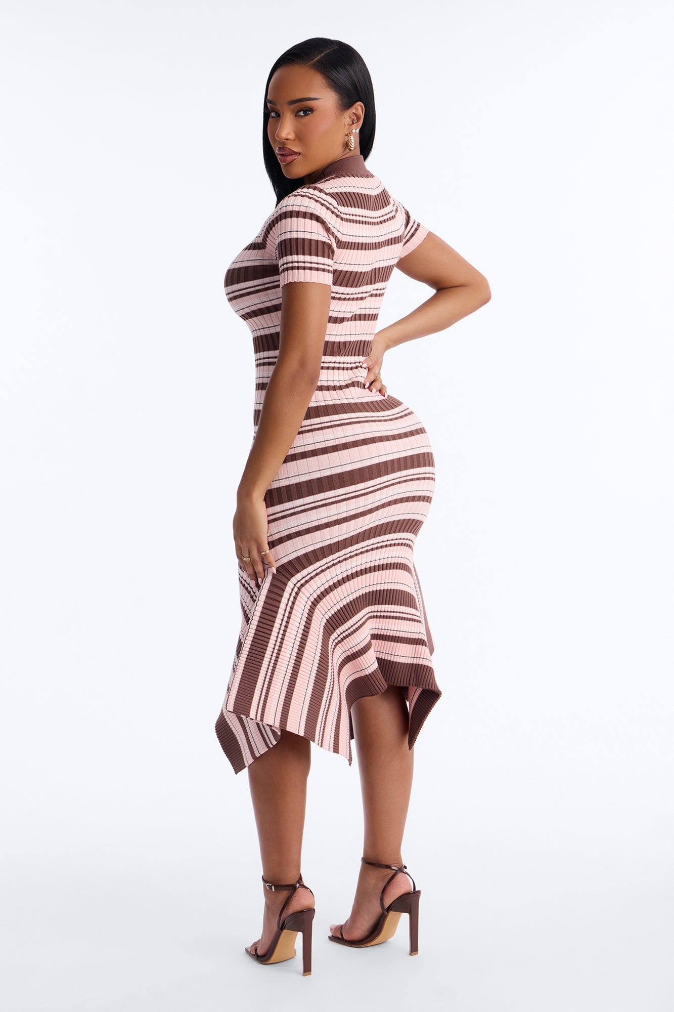 Rare Catch Ribbed Striped Midi Dress - Mocha/combo