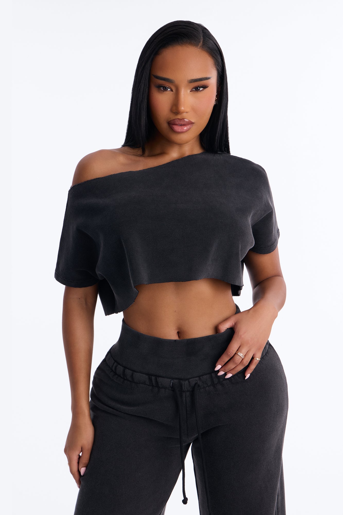 Mila Off Shoulder Top And Sweatpant Set - Charcoal