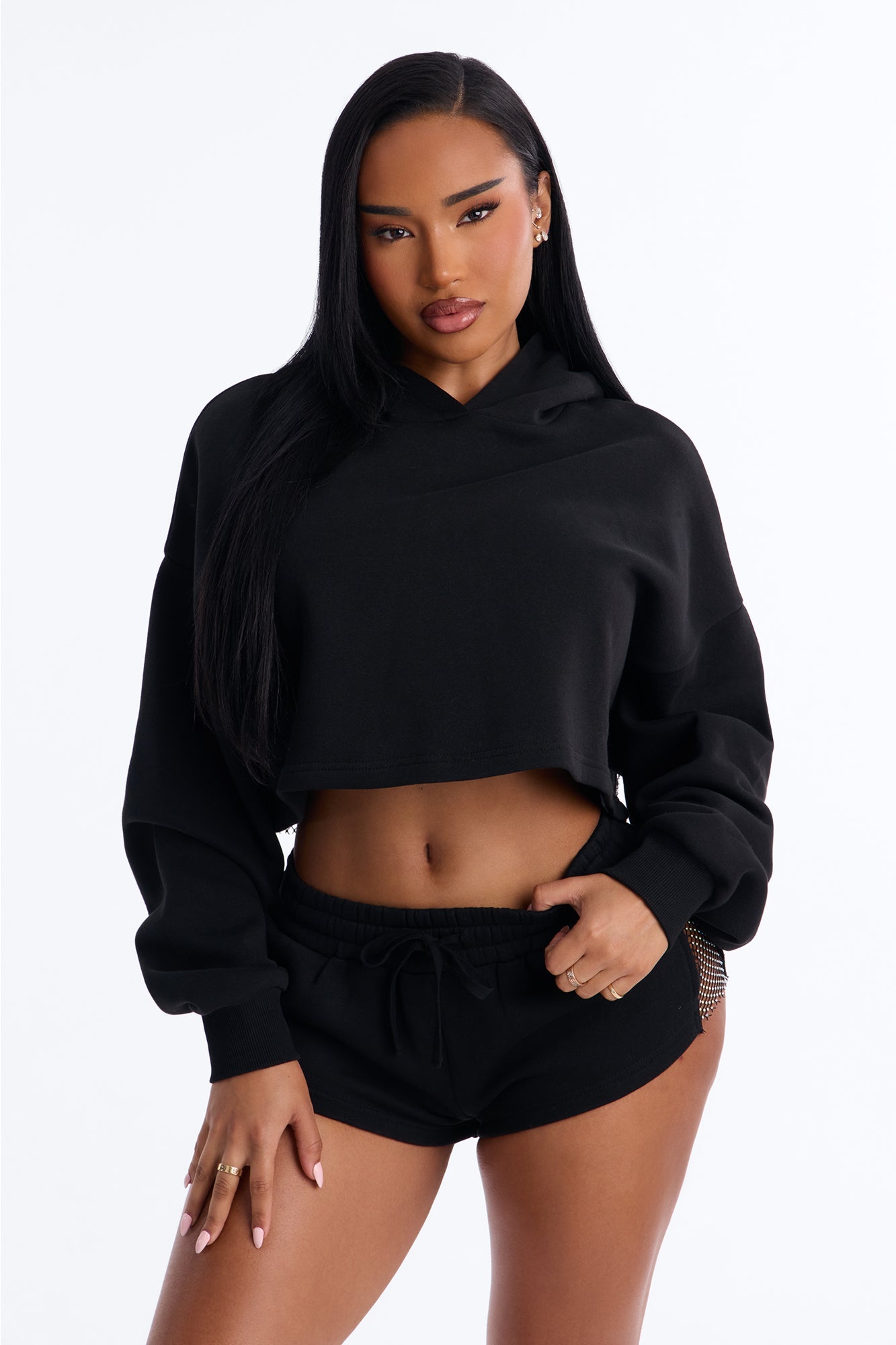 Midnight Sparkle Rhinestone Fleece Short Set - Black