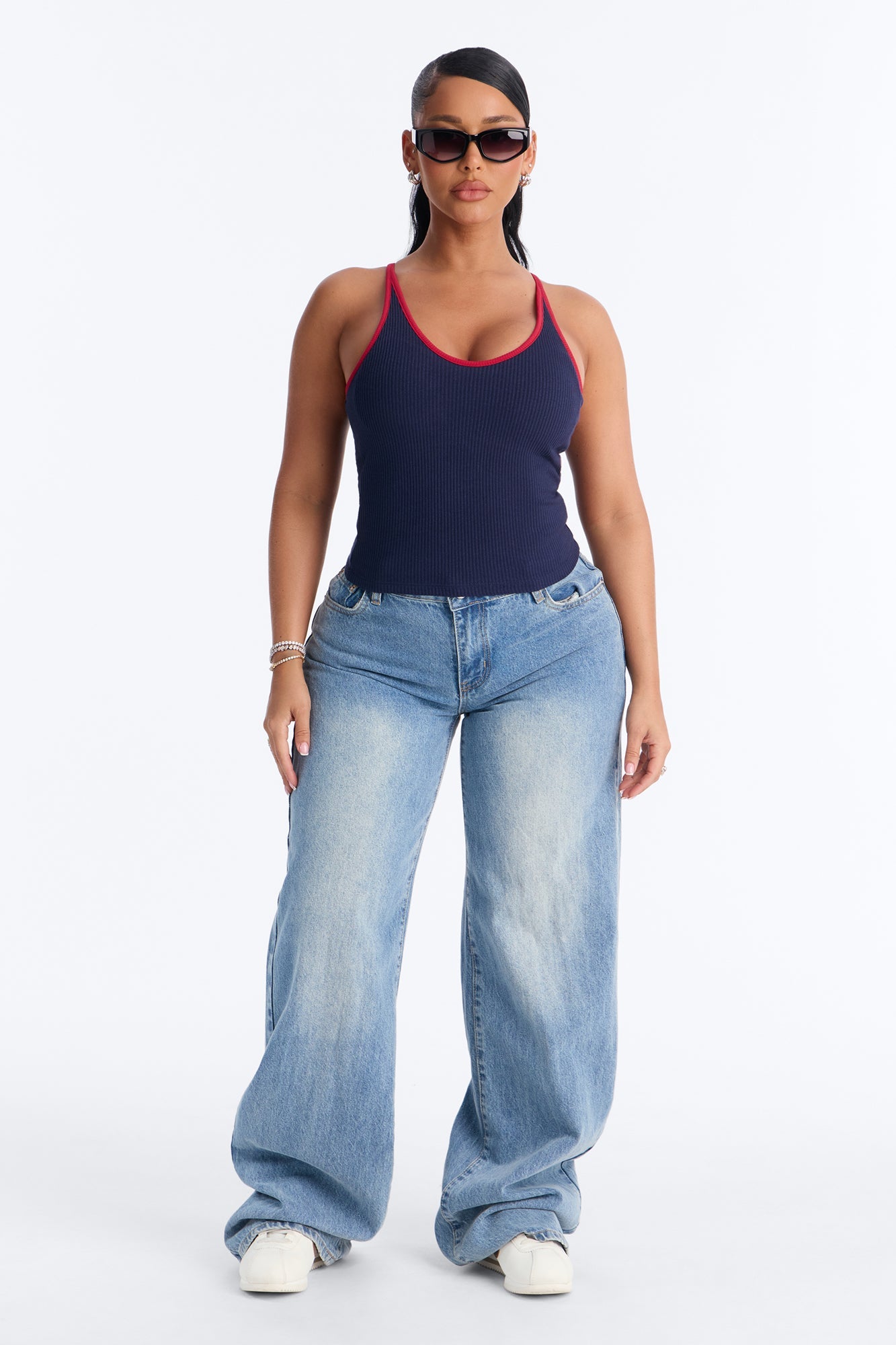 Boat Days Ribbed Padded Scoop Neck Tank Top - Navy/combo