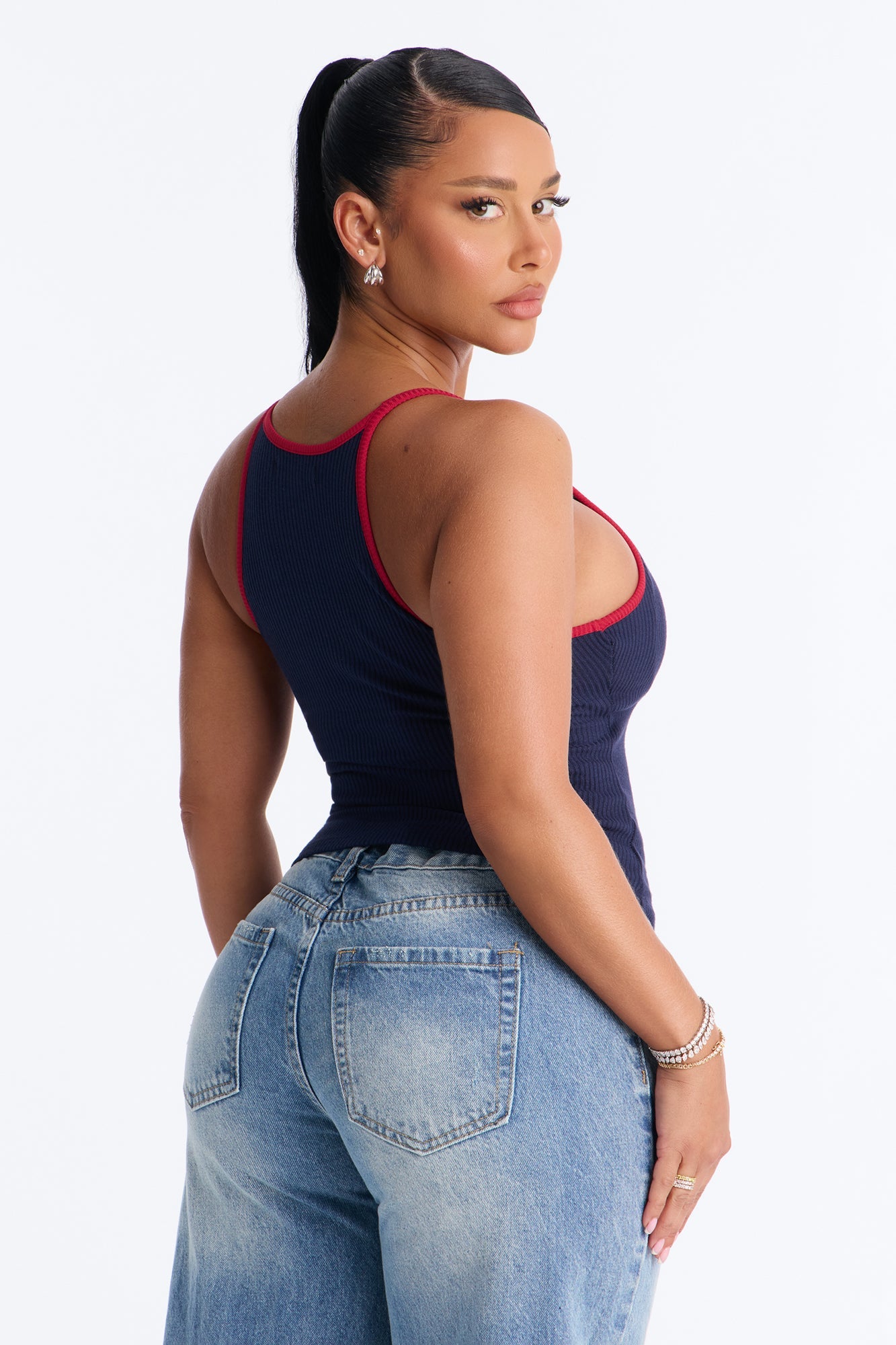 Boat Days Ribbed Padded Scoop Neck Tank Top - Navy/combo