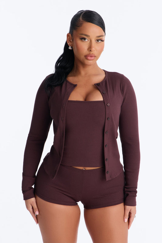Rachel Ribbed Micro Mini Short Set - Chocolate