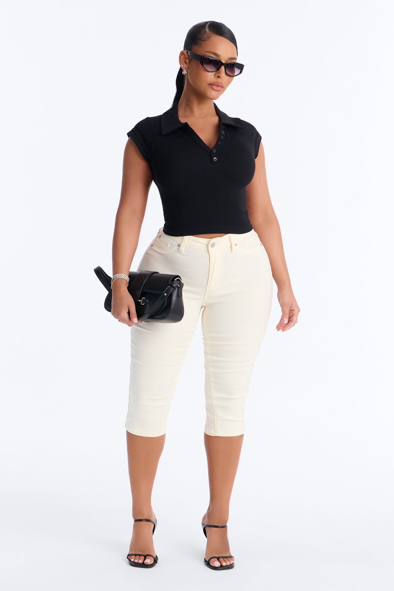 Camila Cap Sleeve Basic Polo Top - Black