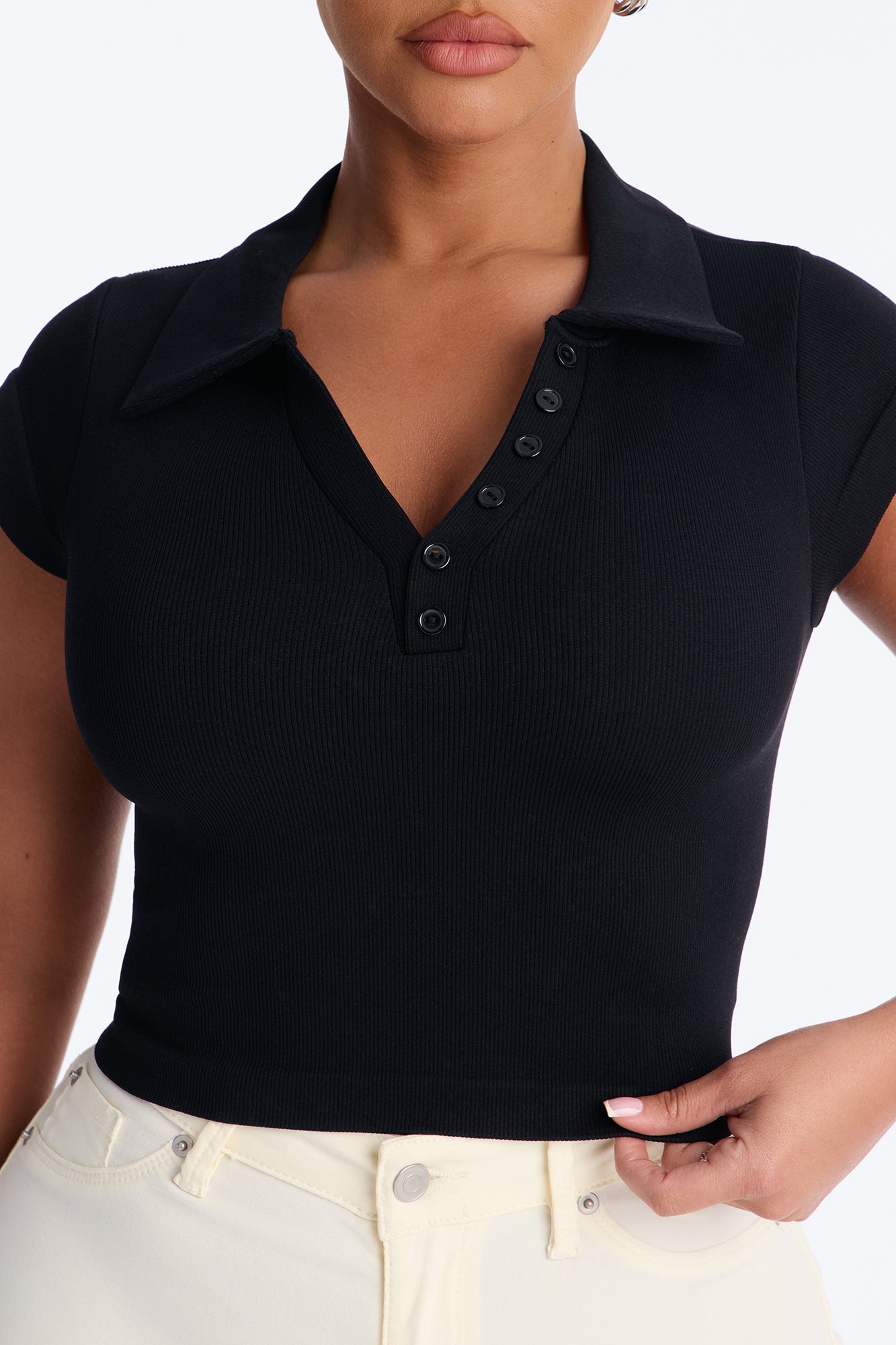 Camila Cap Sleeve Basic Polo Top - Black