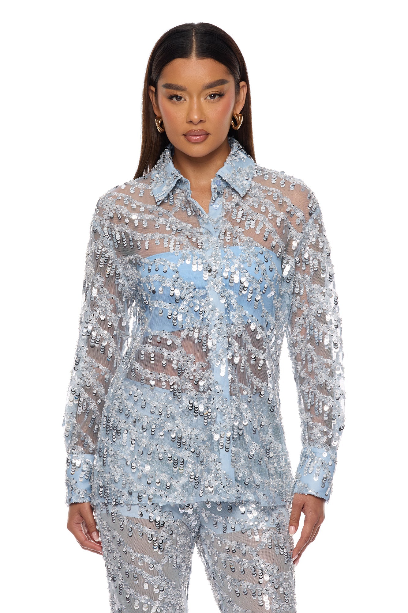 Zariah Sheer Sequin Top - Light Blue
