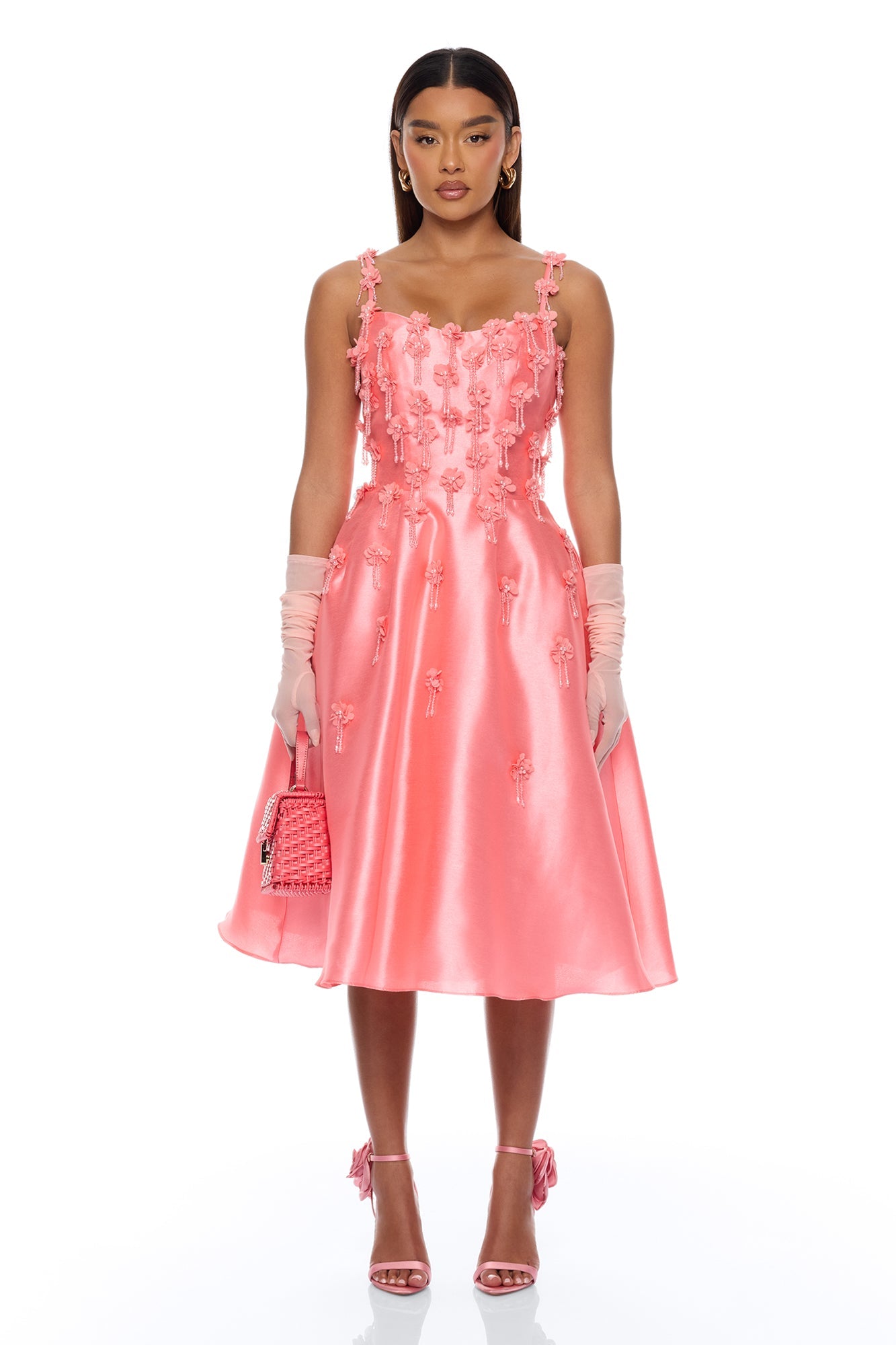 Eternal Bloom Taffeta Midi Dress - Coral