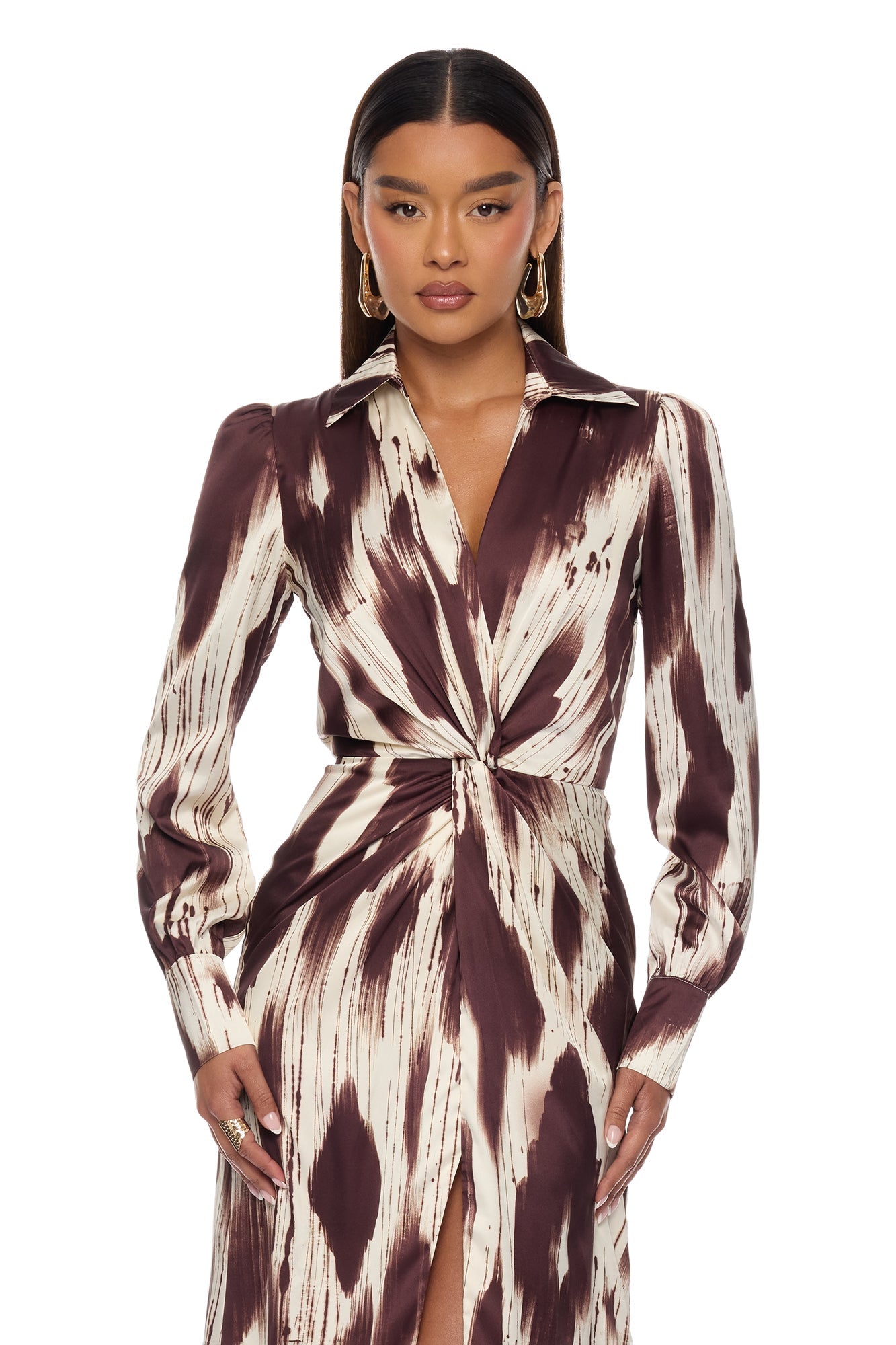 Sashira Collared Satin Maxi Dress - Brown/combo