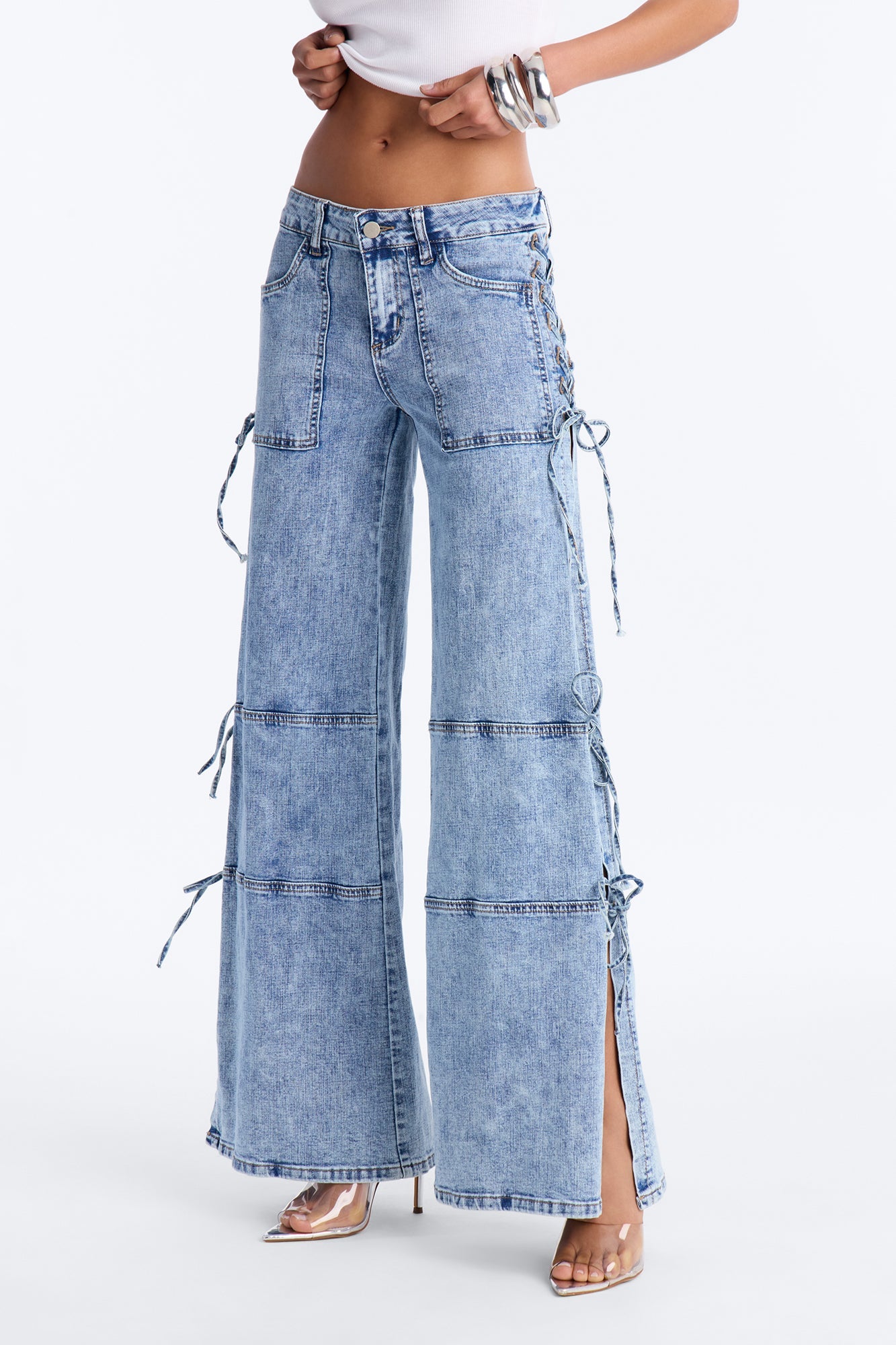 Pull Through Lace Up Stretch Tie Jeans - Medium Wash