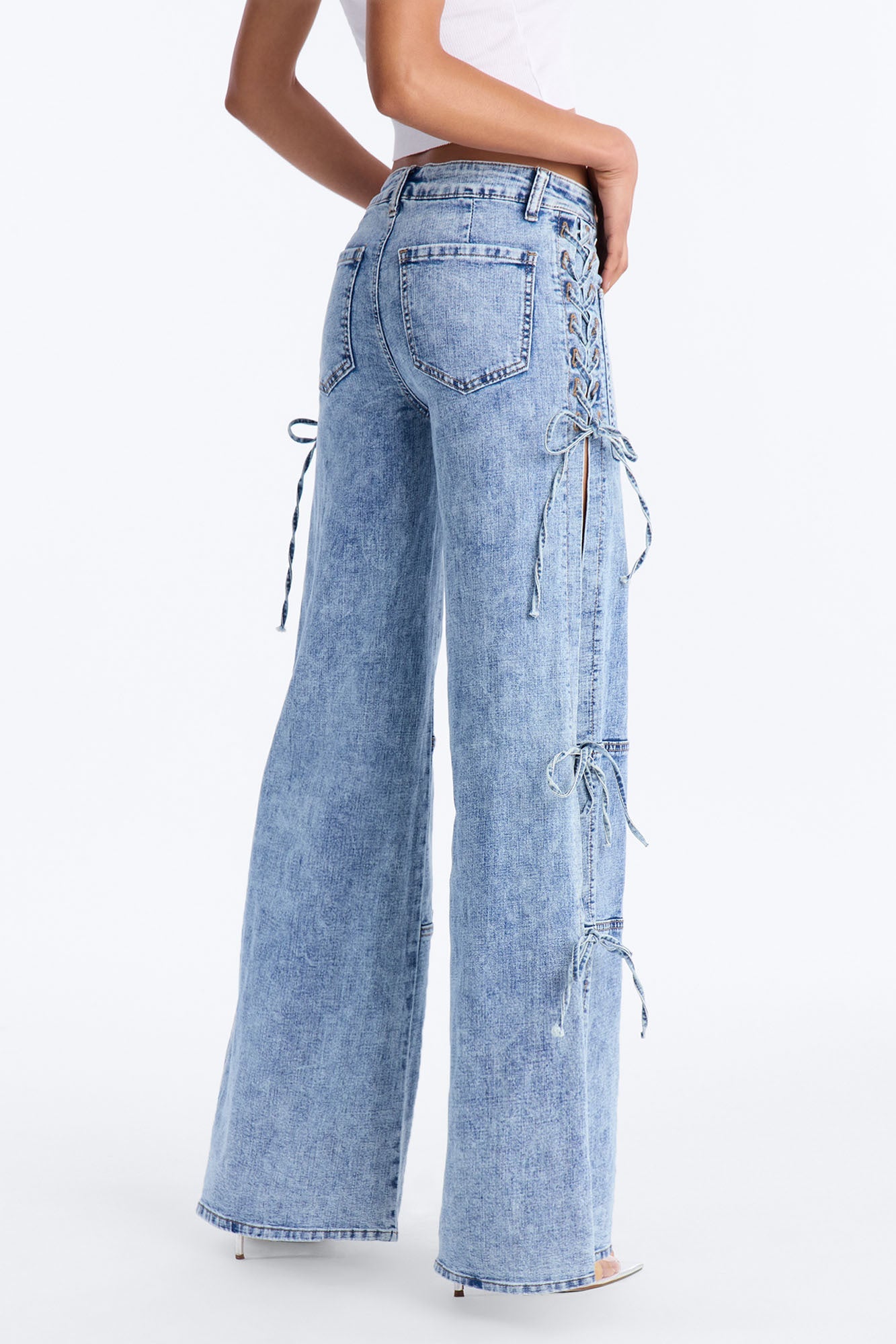 Pull Through Lace Up Stretch Tie Jeans - Medium Wash
