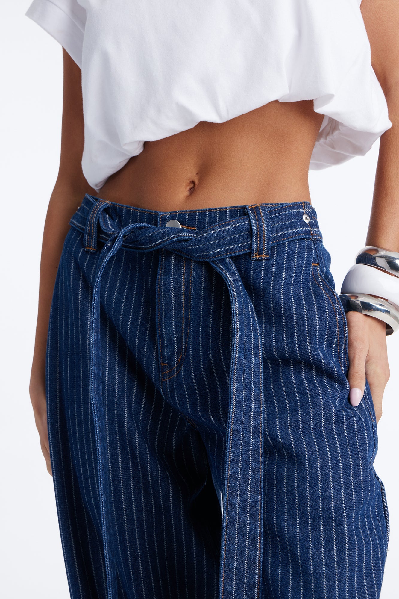 Up The Road Pinstripe Belted Jeans - Dark Wash