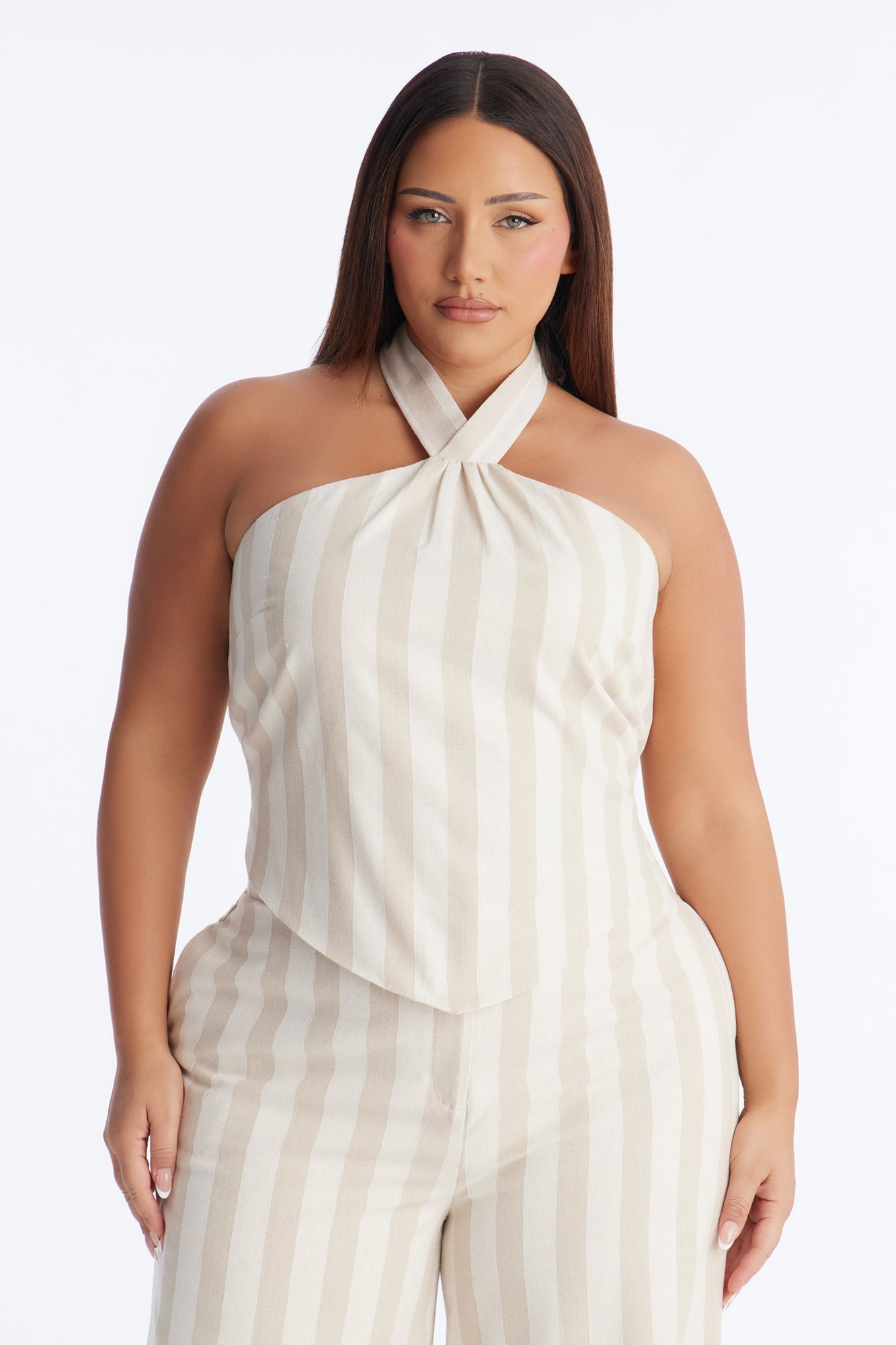 Cruise Attire Striped Linen Halter Top - Taupe/combo Fashion Nova