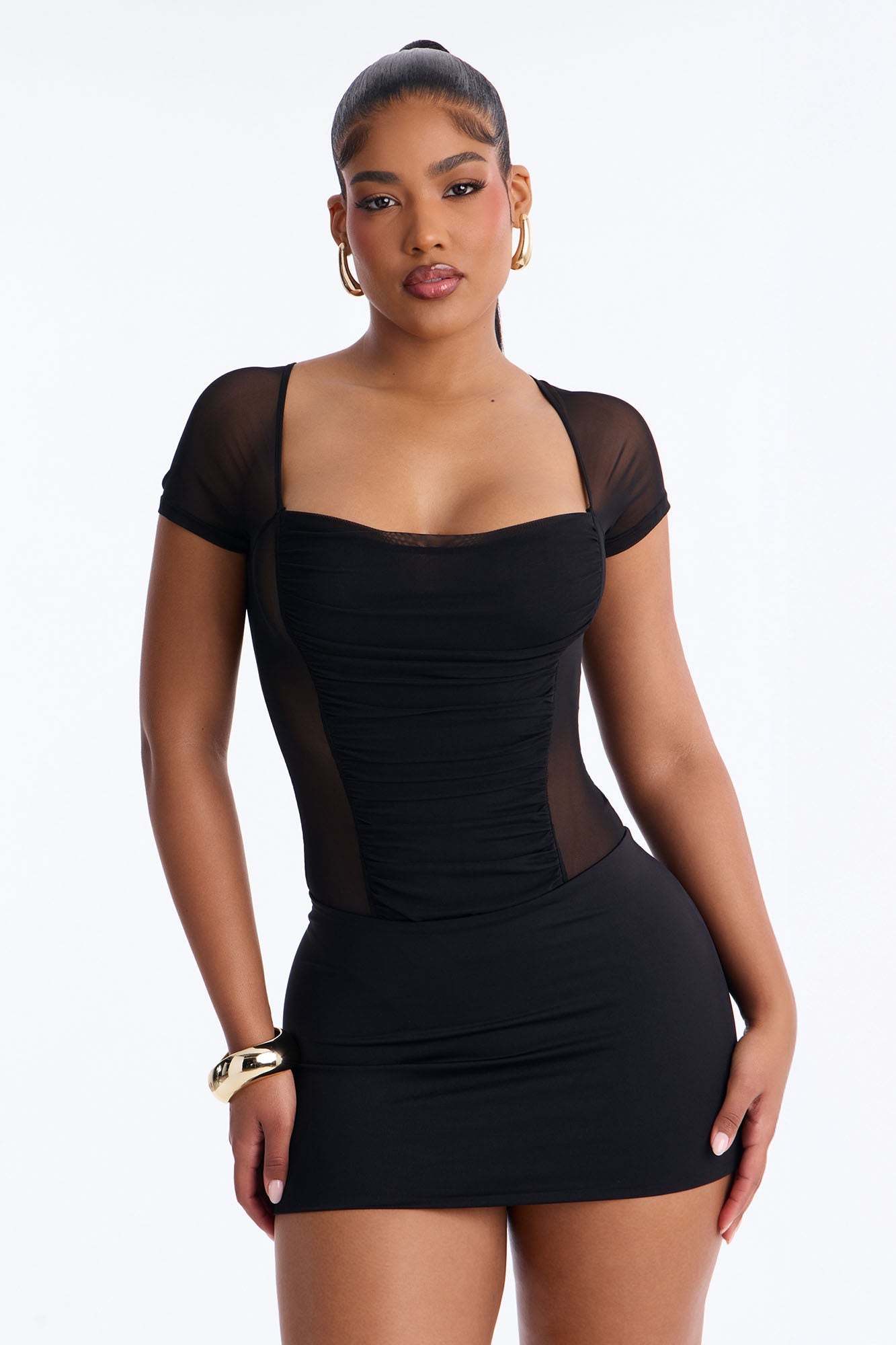 Lilly Ruched Sheer Mesh Short Sleeve Bodysuit - Black