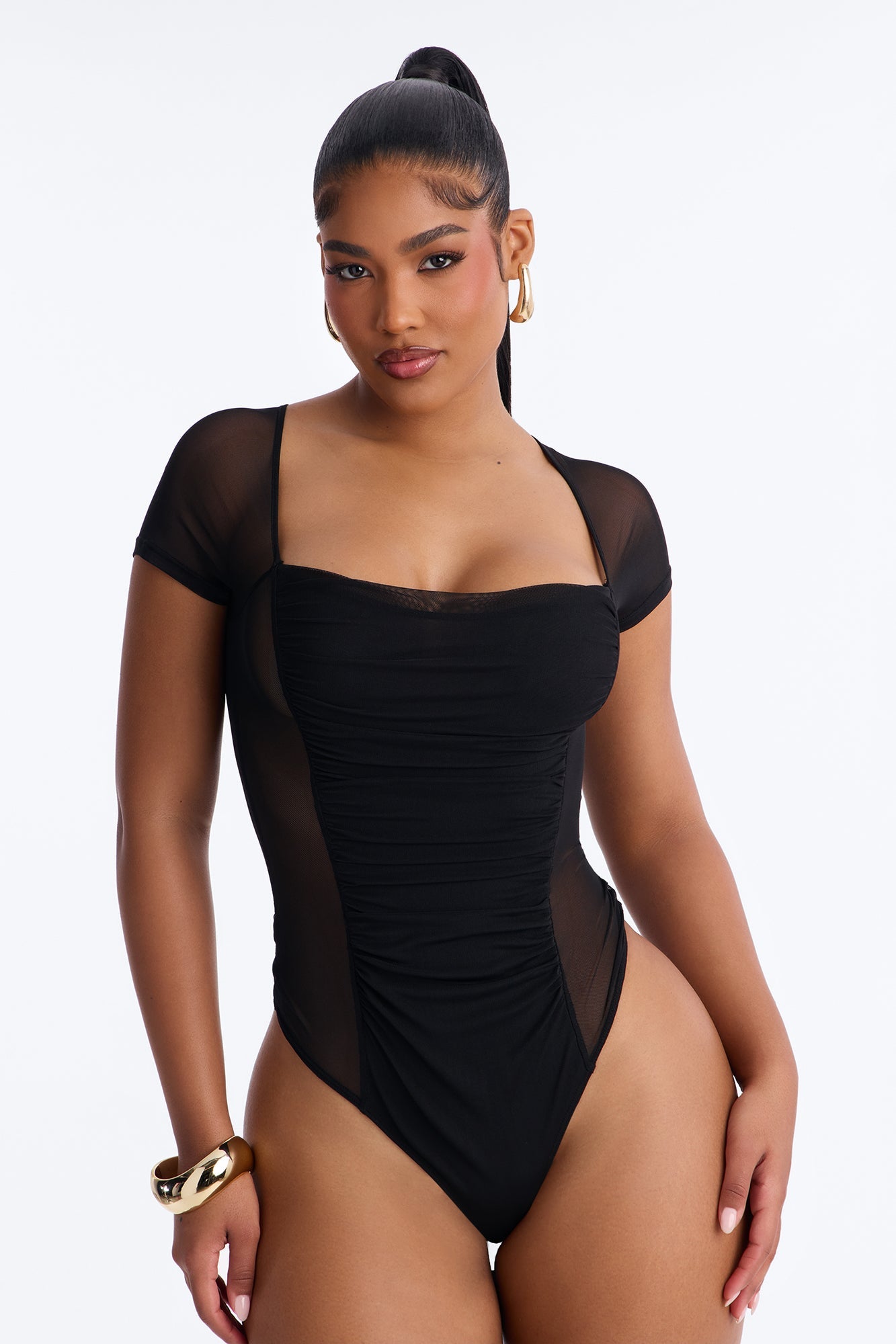 Lilly Ruched Sheer Mesh Short Sleeve Bodysuit - Black
