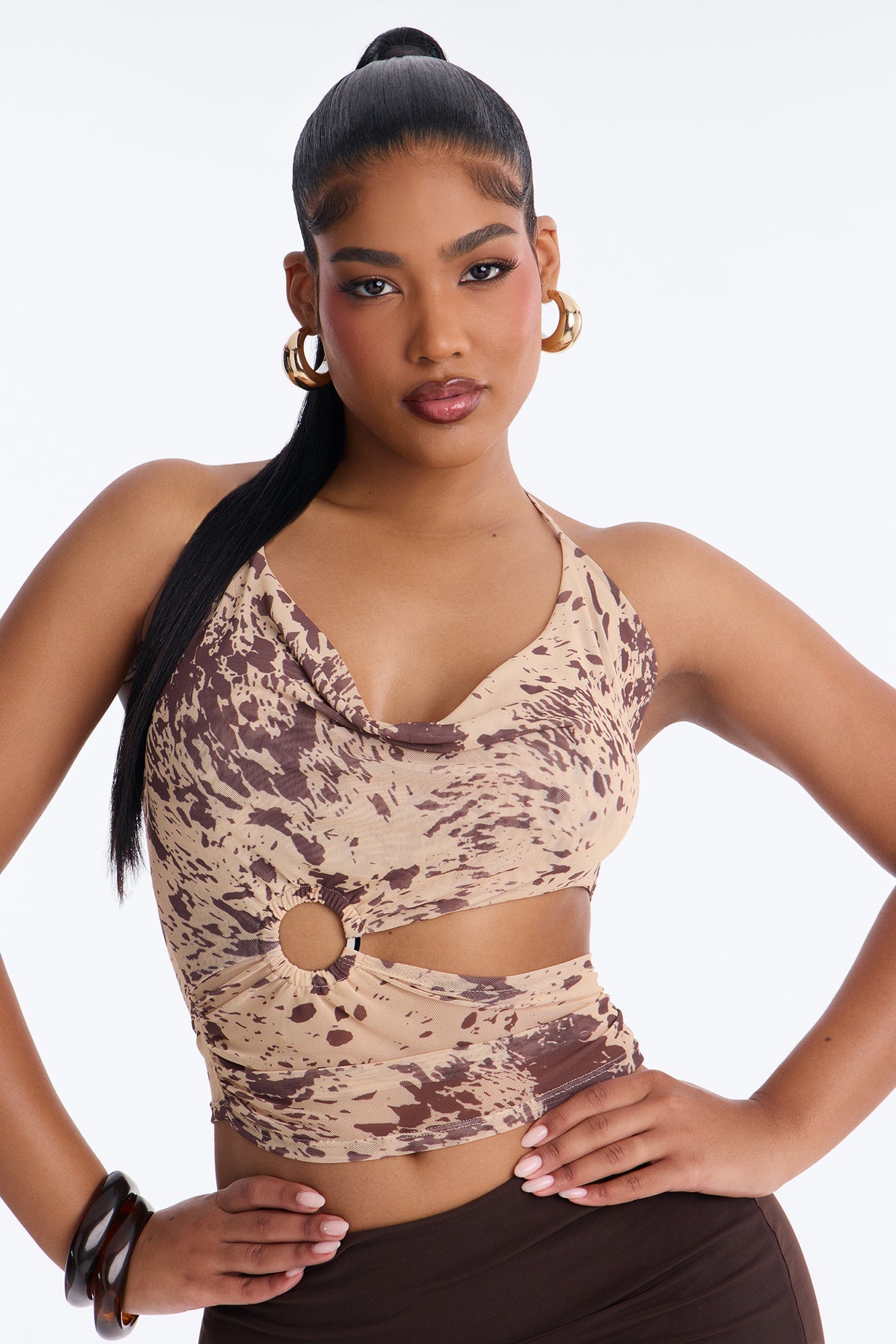 Desert Whisper Mesh Cowl Neck Cut Out Halter Top - Taupe/combo