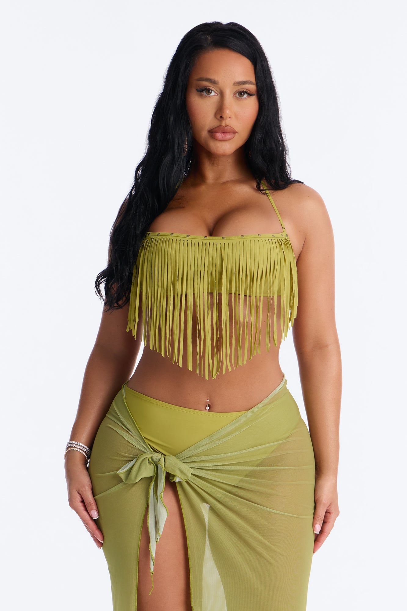Cabana Cooldown 3 Piece Fringe Bikini Set - Olive