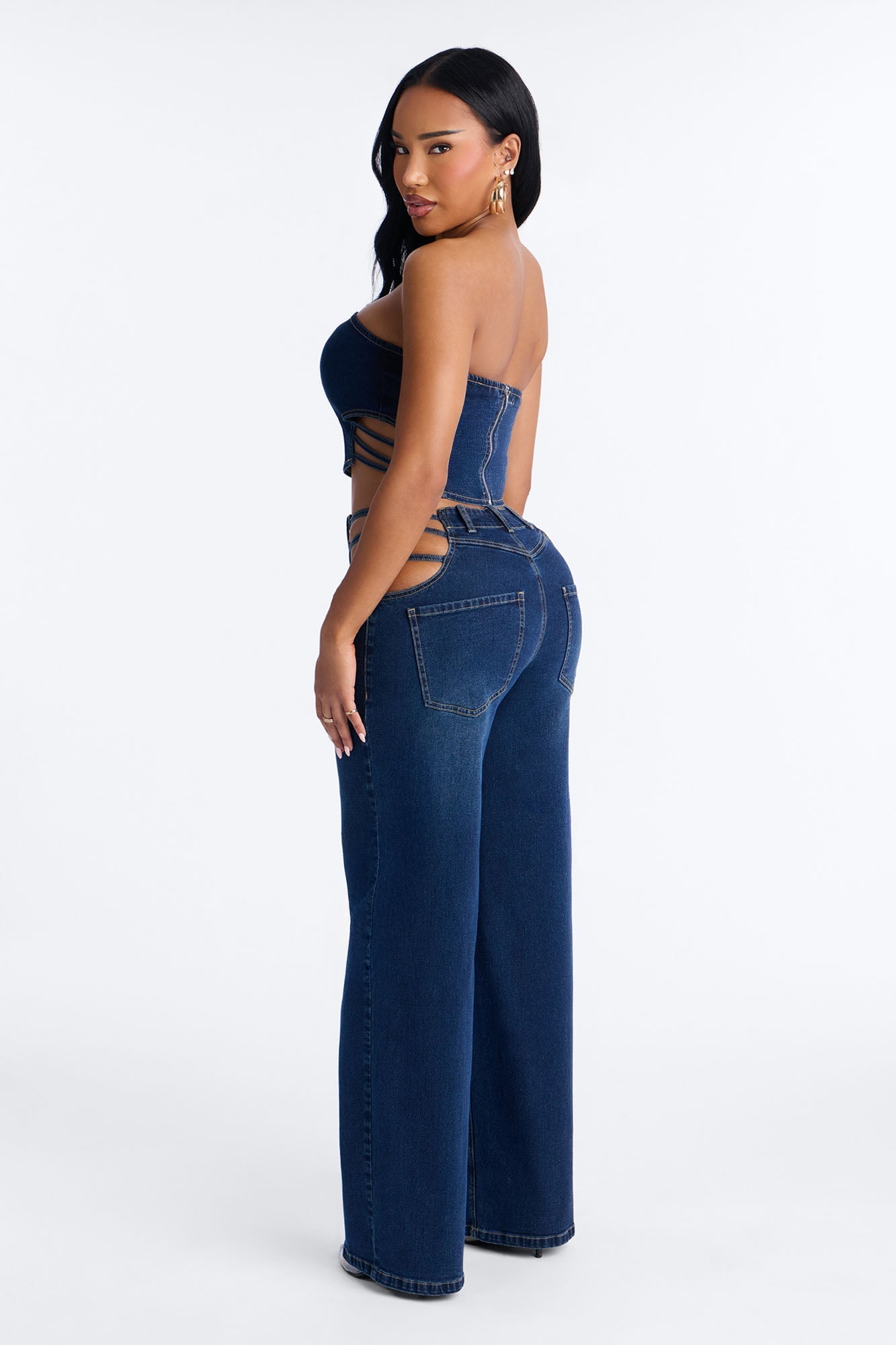 Arazia Denim Cut Out Pant Set - Dark Denim