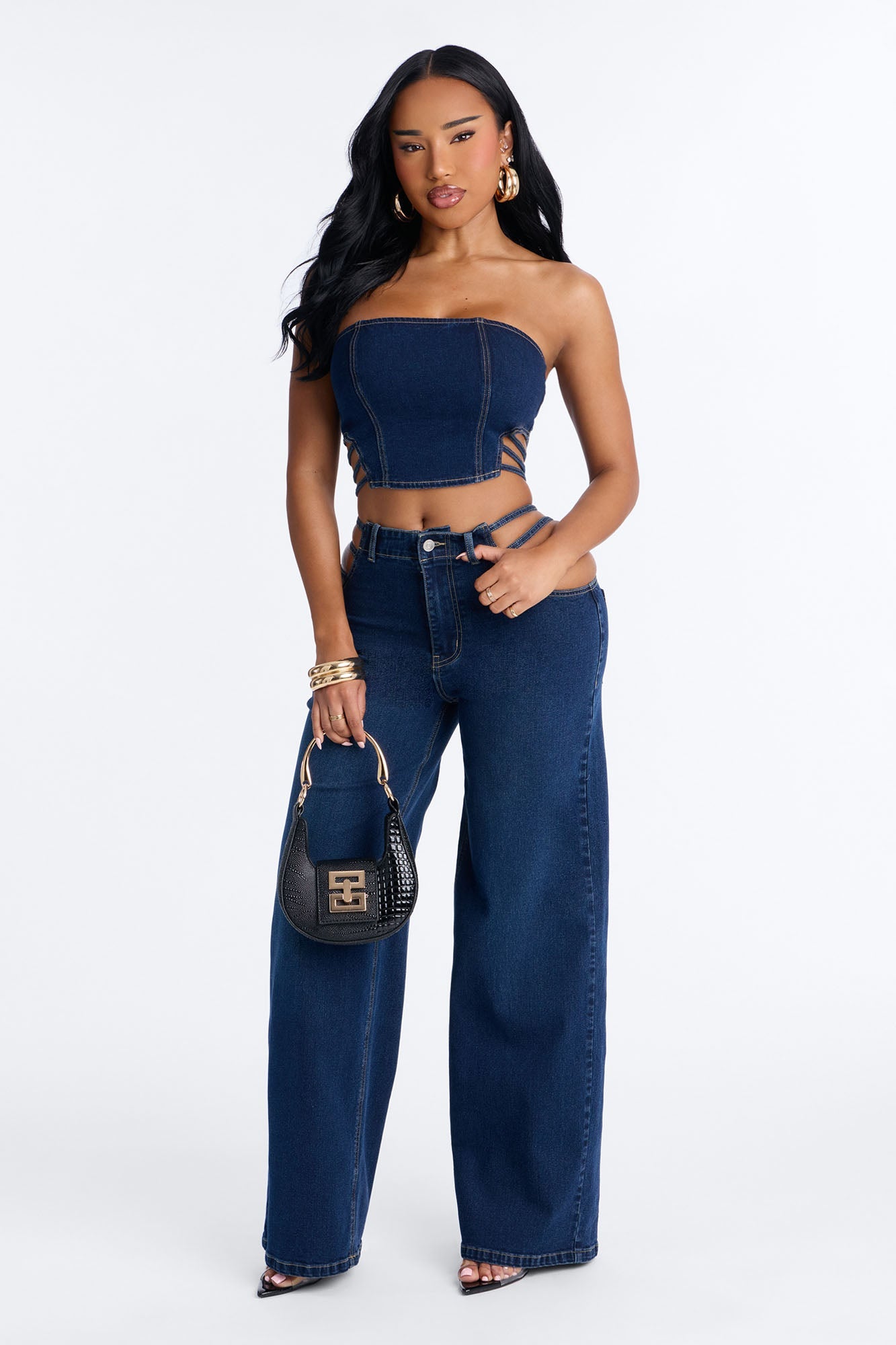 Arazia Denim Cut Out Pant Set - Dark Denim