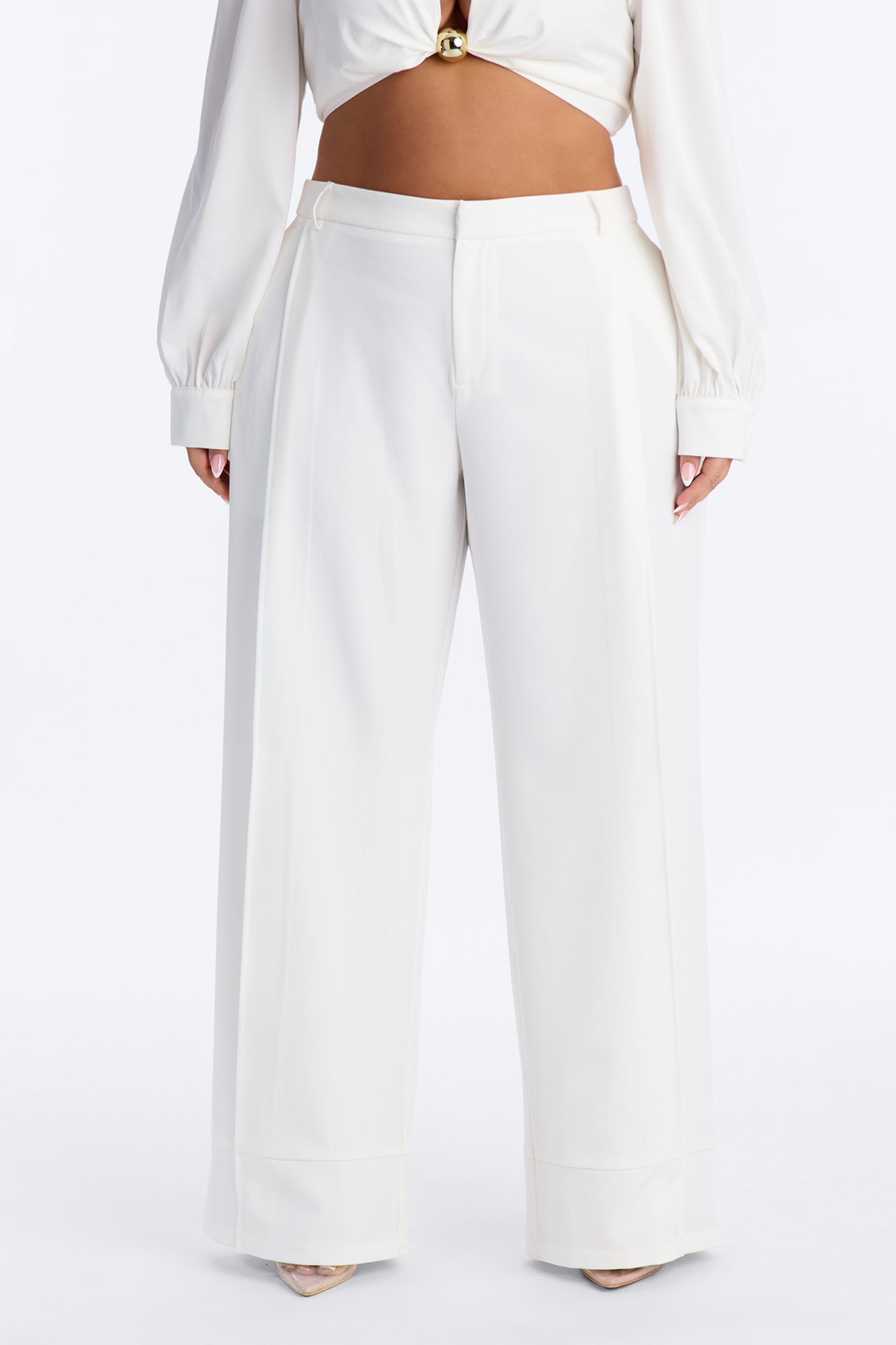 Anya Double Side Pleat Button Hem Trouser 33″ - White