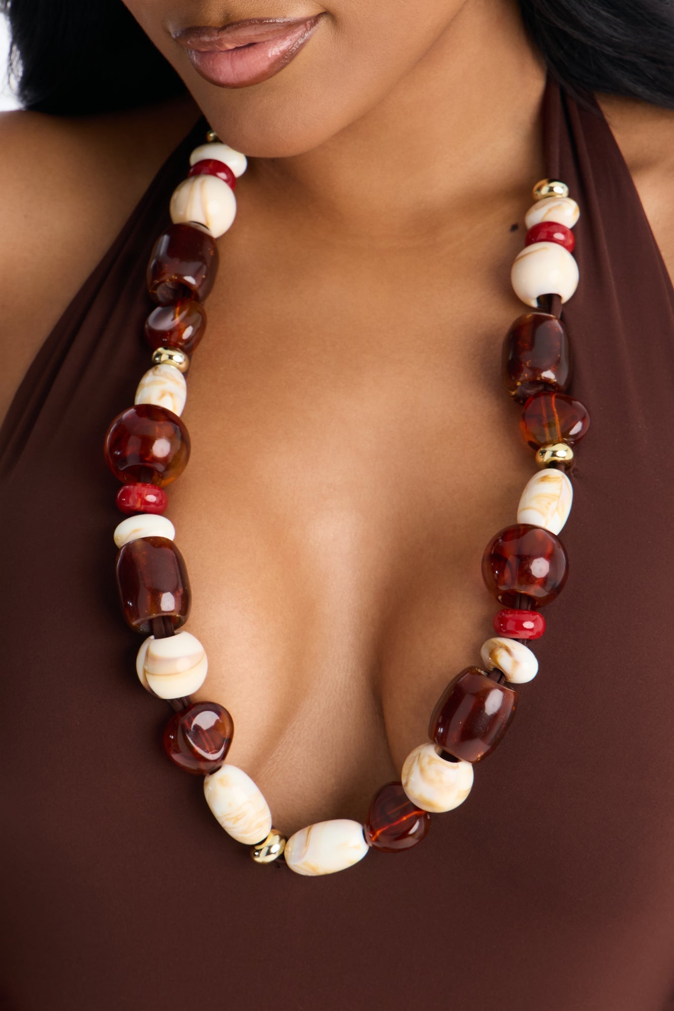 Bahamas Queen Beaded Deep V-Neck Halter Bodysuit - Chocolate