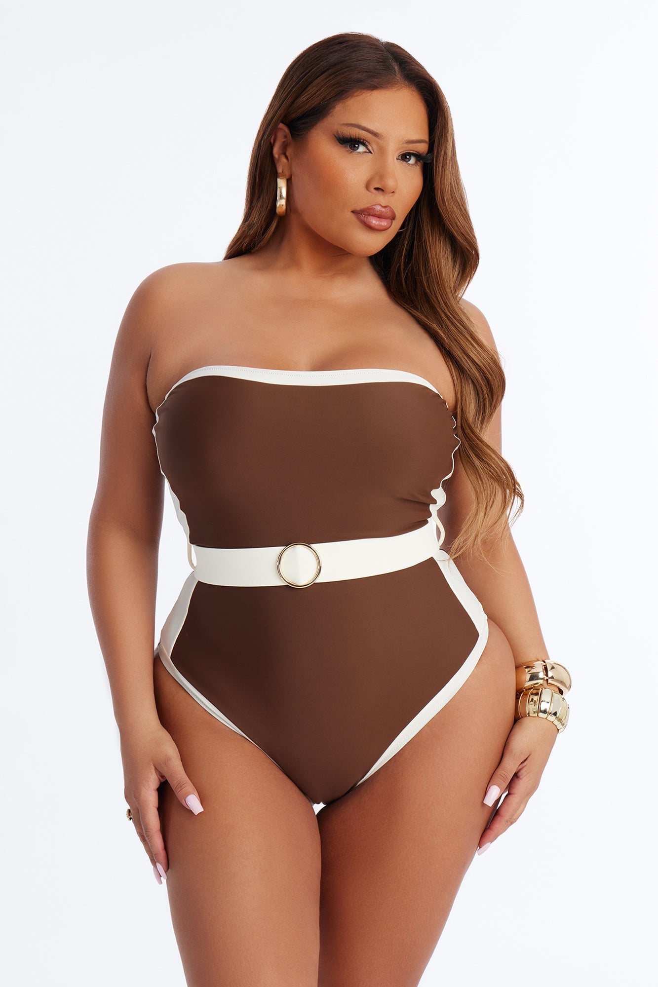 Sunny Days Colorblock Hardware Strapless 1 Piece Swimsuit - Brown/combo Fashion Nova