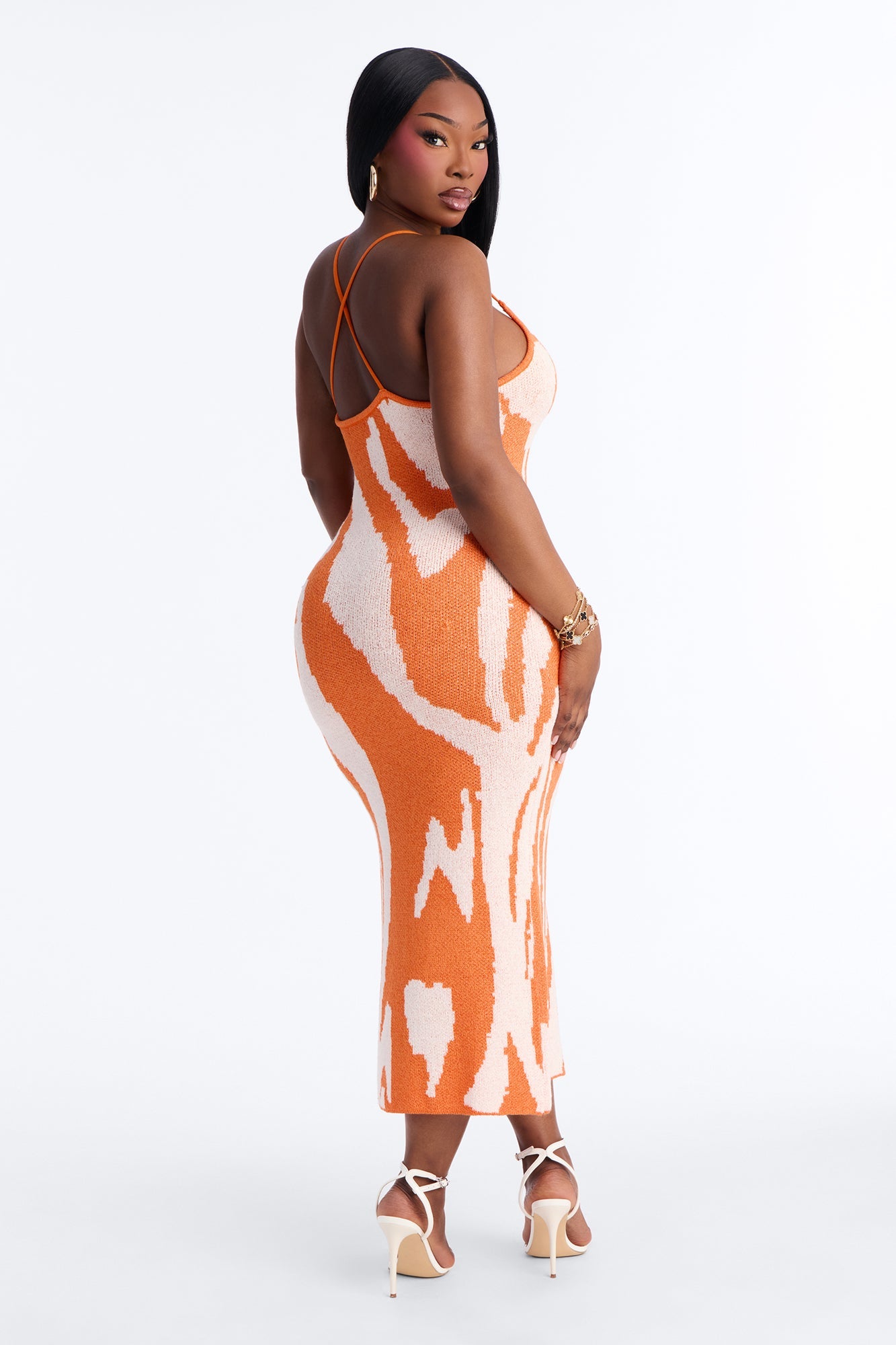 Vienna Printed Sweater Midi Dress - Orange/combo