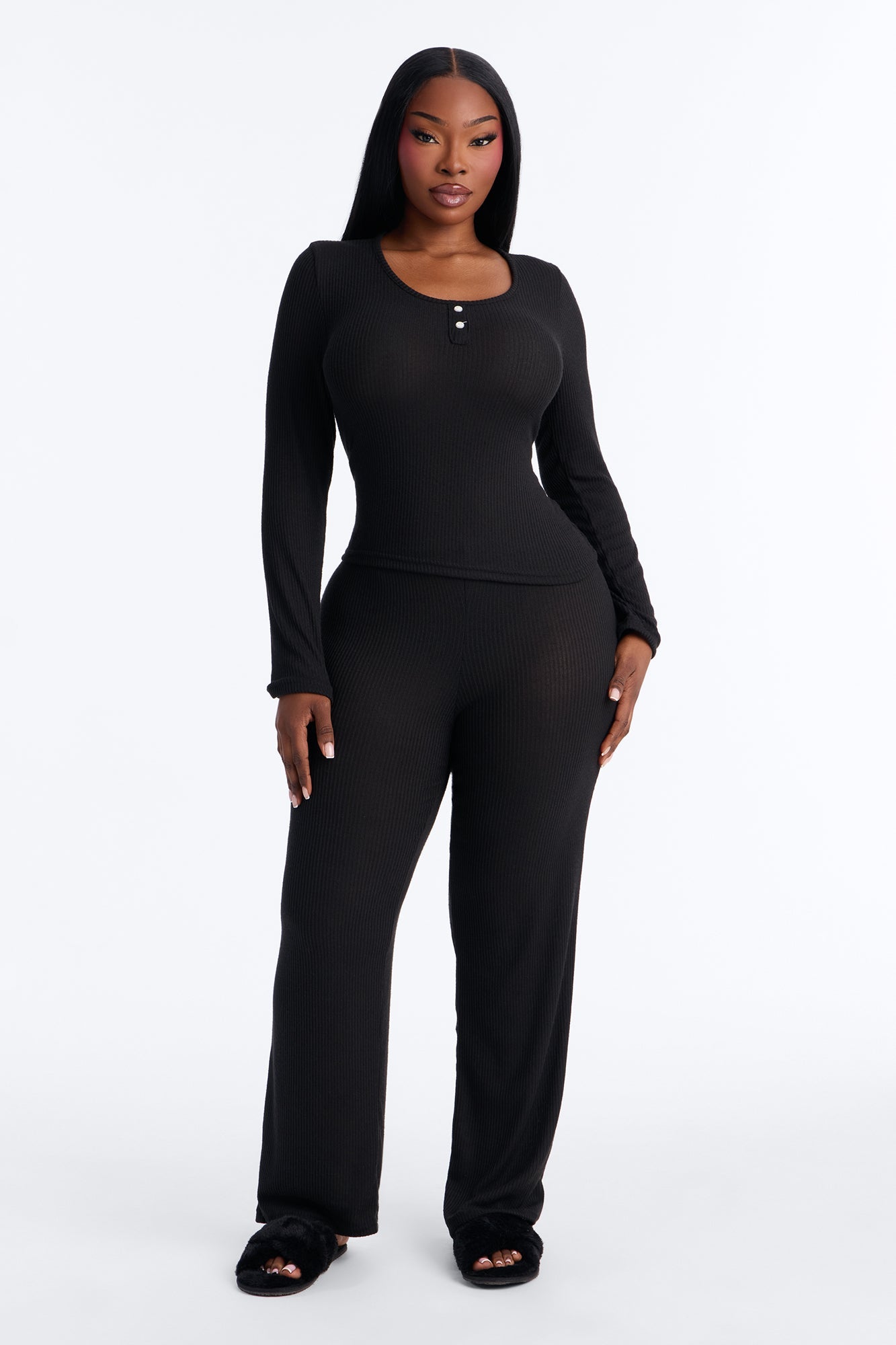 Slumber Haven Ribbed Long Sleeve PJ Pant Set - Black