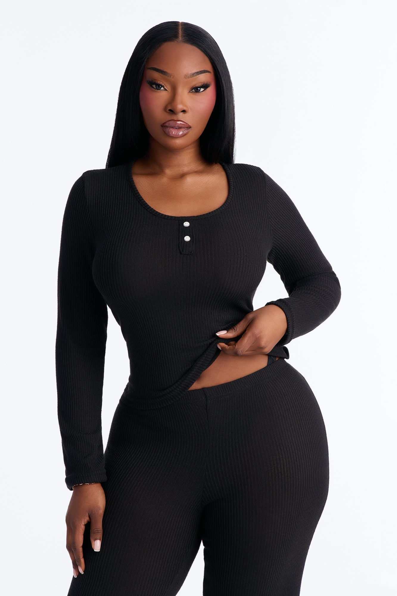 Slumber Haven Ribbed Long Sleeve PJ Pant Set - Black