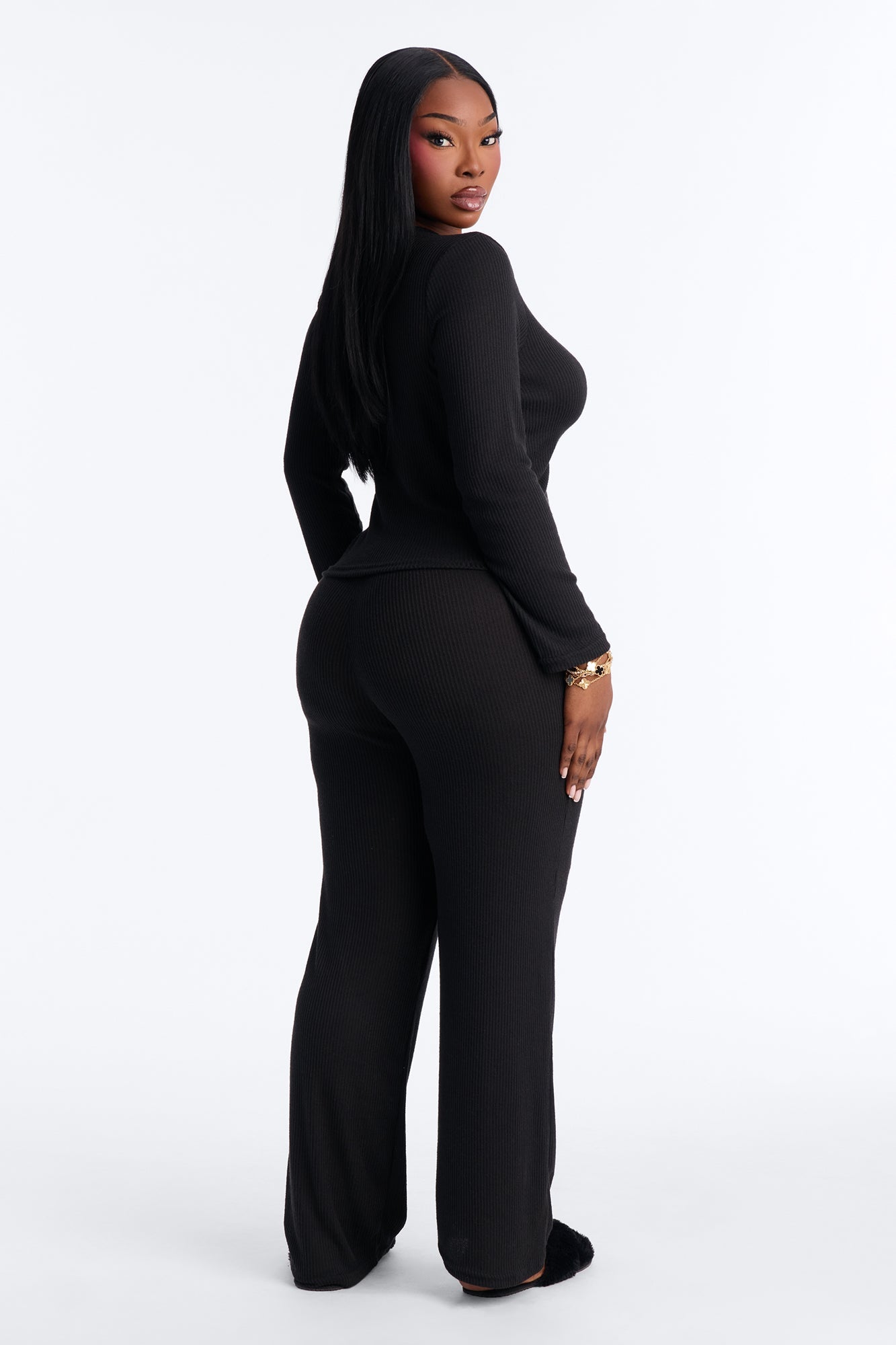 Slumber Haven Ribbed Long Sleeve PJ Pant Set - Black