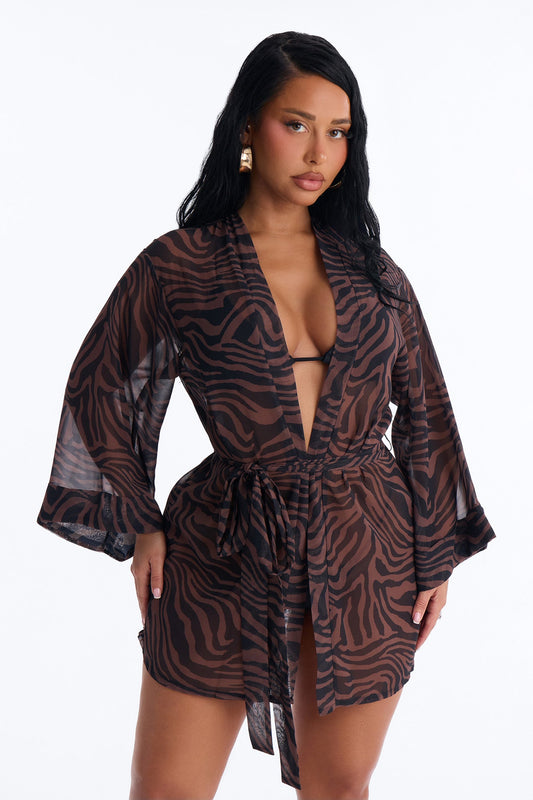 Nothing But A Stripe Waist Tie Swim Cover Up Kimono - Brown/combo