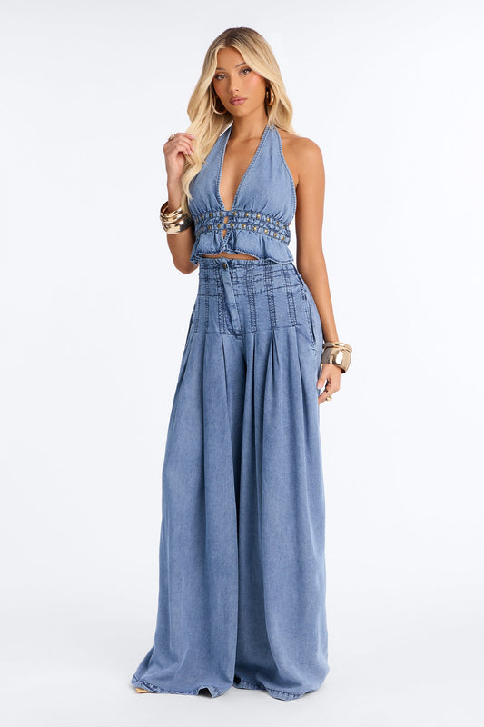 Kona Washed Chambray Halter Pant Set - Medium